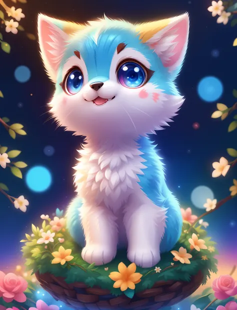 Cute puppy with different colored eyes， tchibi， adolable， Logo design， Cartoony， movie light effect， 3D vector art， Cute and quirky， Fantasyart， Bokeh， handpainted， digitial painting， gentle illumination， Isometric style， 4K 分辨率， photoreal render， High lev...