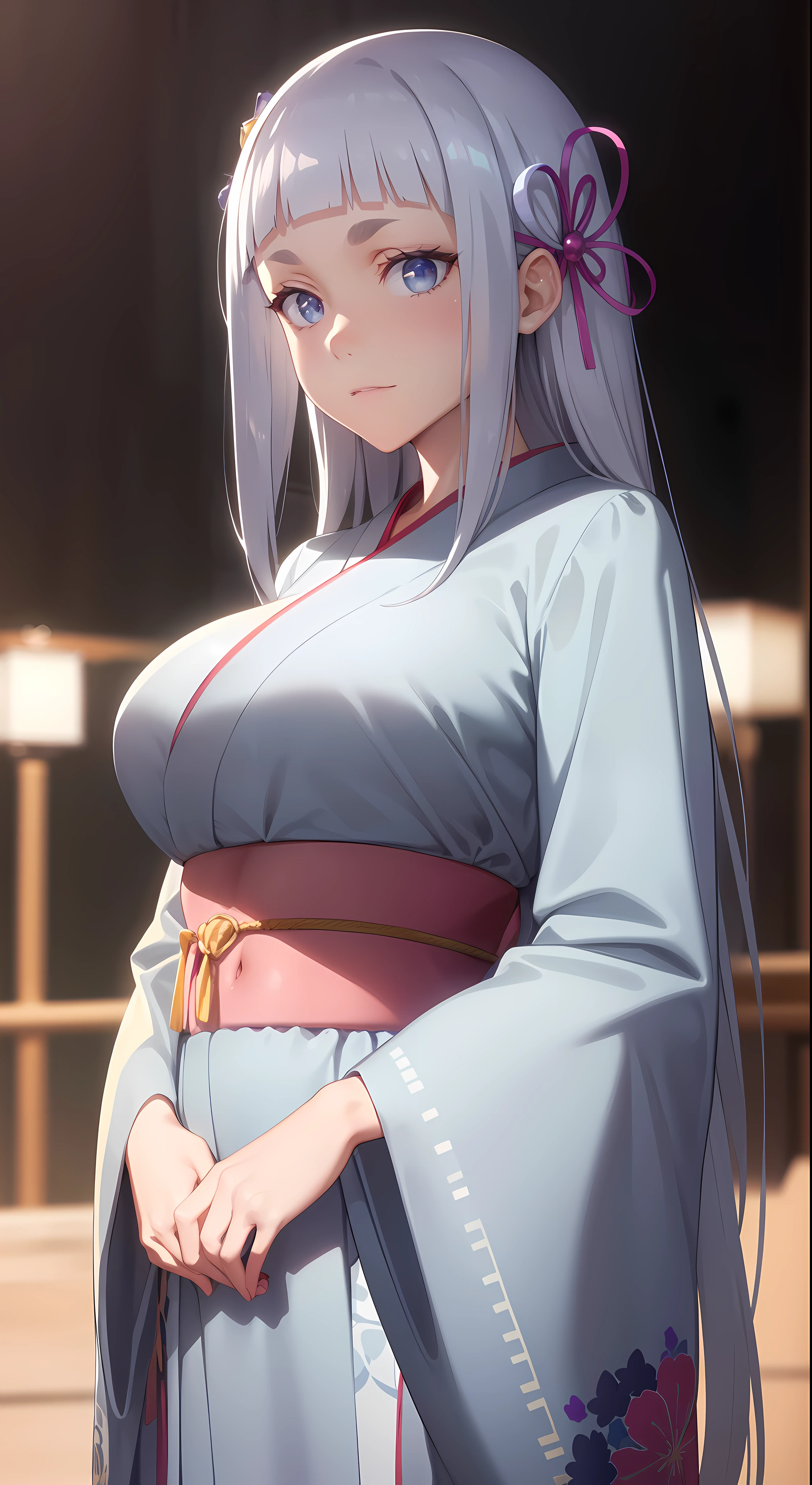 hair ornament, very long hair, japanese clothes, professional artwork, Intricate Details, field of view, sharp focus, detailed painting, photorealistic lighting, trending on pixiv, Standing at attention, ((large breasts:1,3)), Beautiful body,Beautiful Nose,Beautiful character design, perfect eyes, perfect face, looking at viewer, proper clothes,official art,extremely detailed CG unity 8k wallpaper, perfect lighting,Colorful, Bright_Front_face_Lighting, (masterpiece:1.0),(best_quality:1.0), ultra high res,4K,ultra-detailed, photography, 8K, HDR, highres, absurdres:1.2, Kodak portra 400, film grain, blurry background, bokeh:1.2, lens flare, (vibrant_color:1.2), shikkoku_yorihime, (seductive look), ((looking at viewer, front body pose))