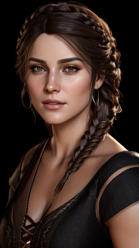 A closeup of a woman with a braid in a black dress, Retrato Ezio Auditore como Feminino, 8k portrait render, protagonista femini...