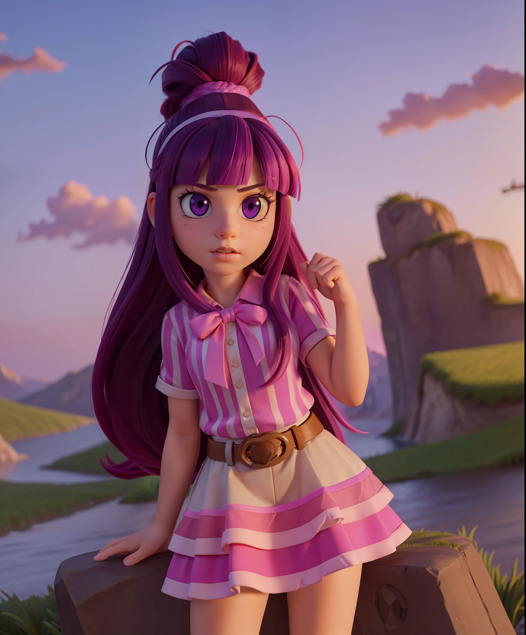 (mlptwilight:1.2), (pink skin), (long hair, ponytail, straight hair, black hair with purple and pink strips, bangs:1.0), striped shirt, purple skirt, pink neck bow, purple eyes, long hair, library, (realistic:1.2),  (masterpiece:1.2), (full-body-shot:1),(Cowboy-shot:1.2), neon lighting, dark romantic lighting, (highly detailed:1.2),(detailed face:1.2), (gradients), colorful, detailed eyes, (detailed landscape:1.2), (natural lighting:1.2),(detailed background), detailed landscape, (cute pose:1.2), solo,