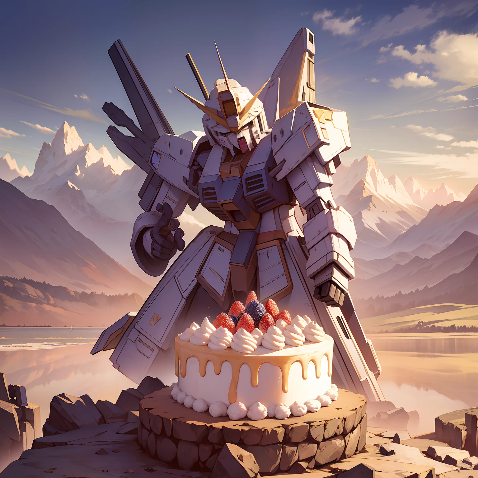 Masterpiece, best quality, ultra realistic, super high resolution, 8K wallpaper, landscape between an armed Gundam is holding a cake on hands, celebrating, super big cake, sparkling, sparkling juice, golden decorations