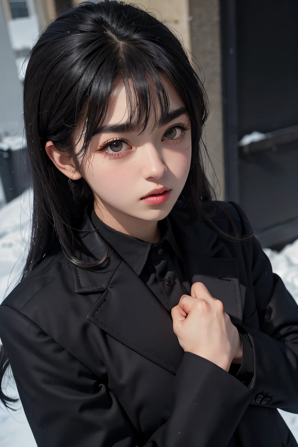 JK black school uniform, black jacket, high cold face, tsundere high cold, thick eyebrows, high cold, black long hair, school uniform, school uniform, royal sister