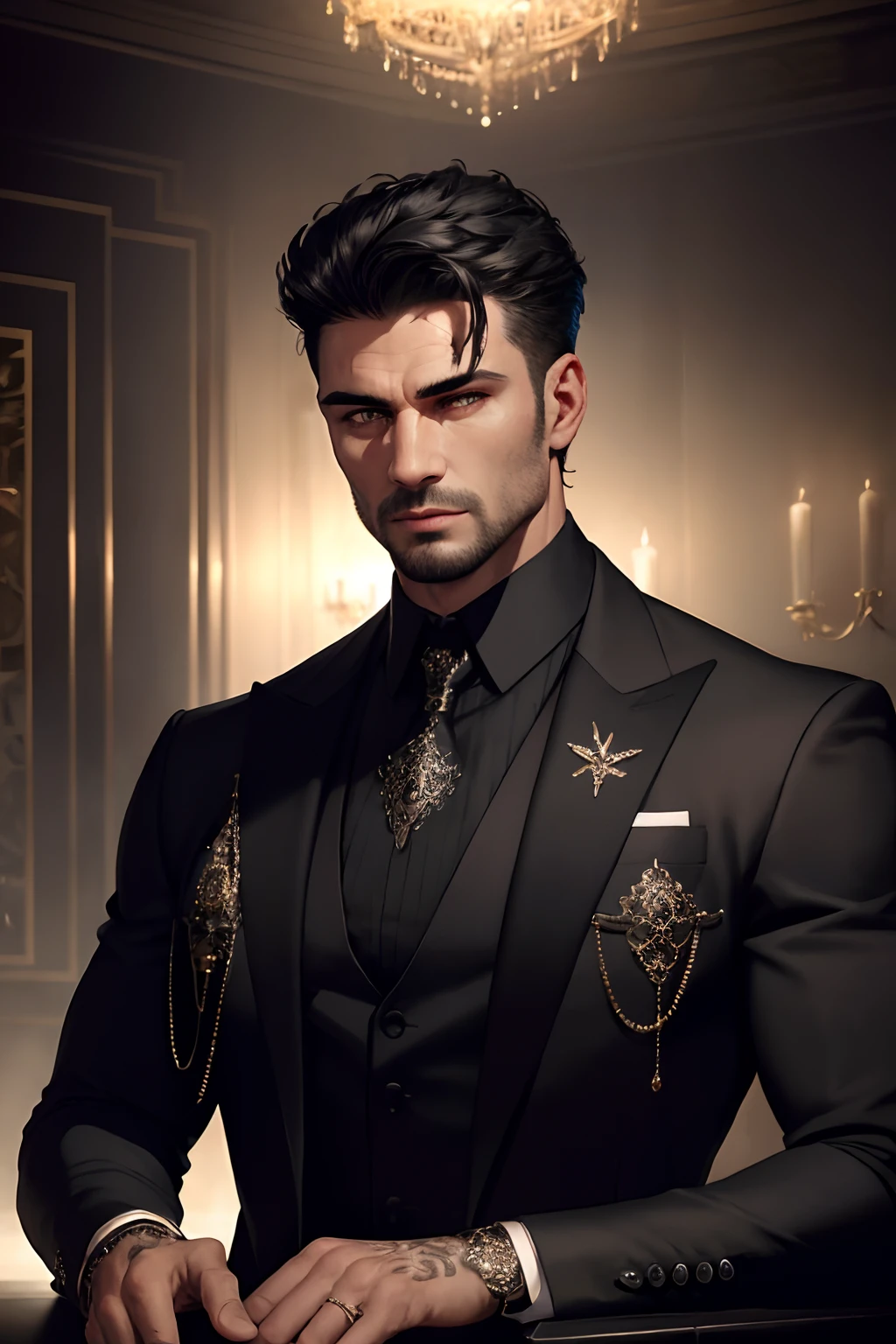 realistic (muscular man:1.1) mob boss, wearing intricate black elegant suite, portrait, short hair, jewelry, in a nightclub, spot lighting the scene, detailed background, intricate details, (illustration), masterpiece, high resolution, best quality.