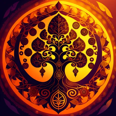 Sacred divine tree Hindu psytrance logo, fractal symbols scattered in the background