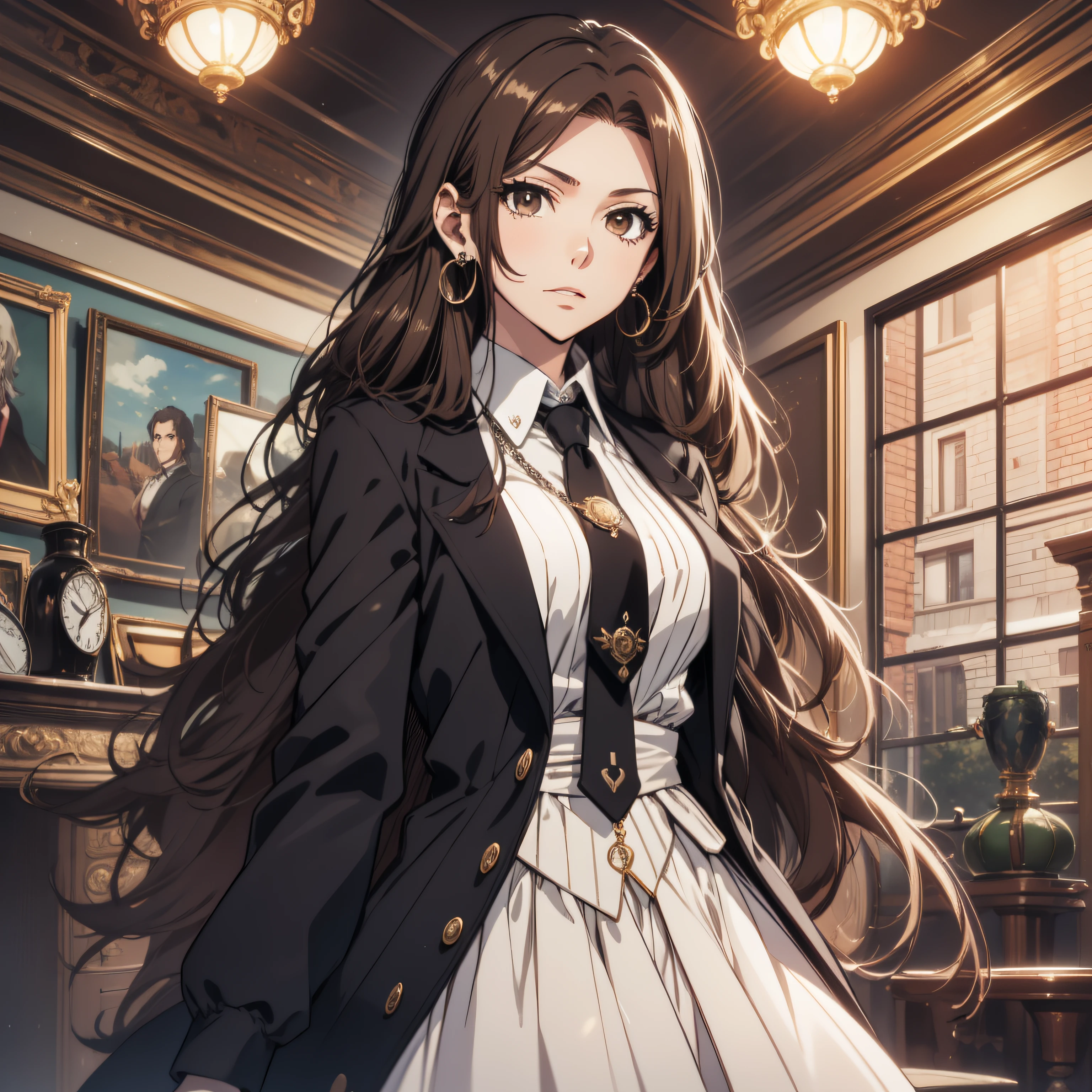 (best quality, masterpiece, ultra-detailed, extremely detailed, highres), (1girl, single, solo), 20 years old Anime girl, brown hair, long raven hair, slightly wavy hair, parted bangs, Magus, brown eyes, diamond earrings, long black coat, necktie, white shirt, black skirt, aristocrat, noble attire, beautiful, ethereal, elegant, prestigious, classic, royal building, magic school