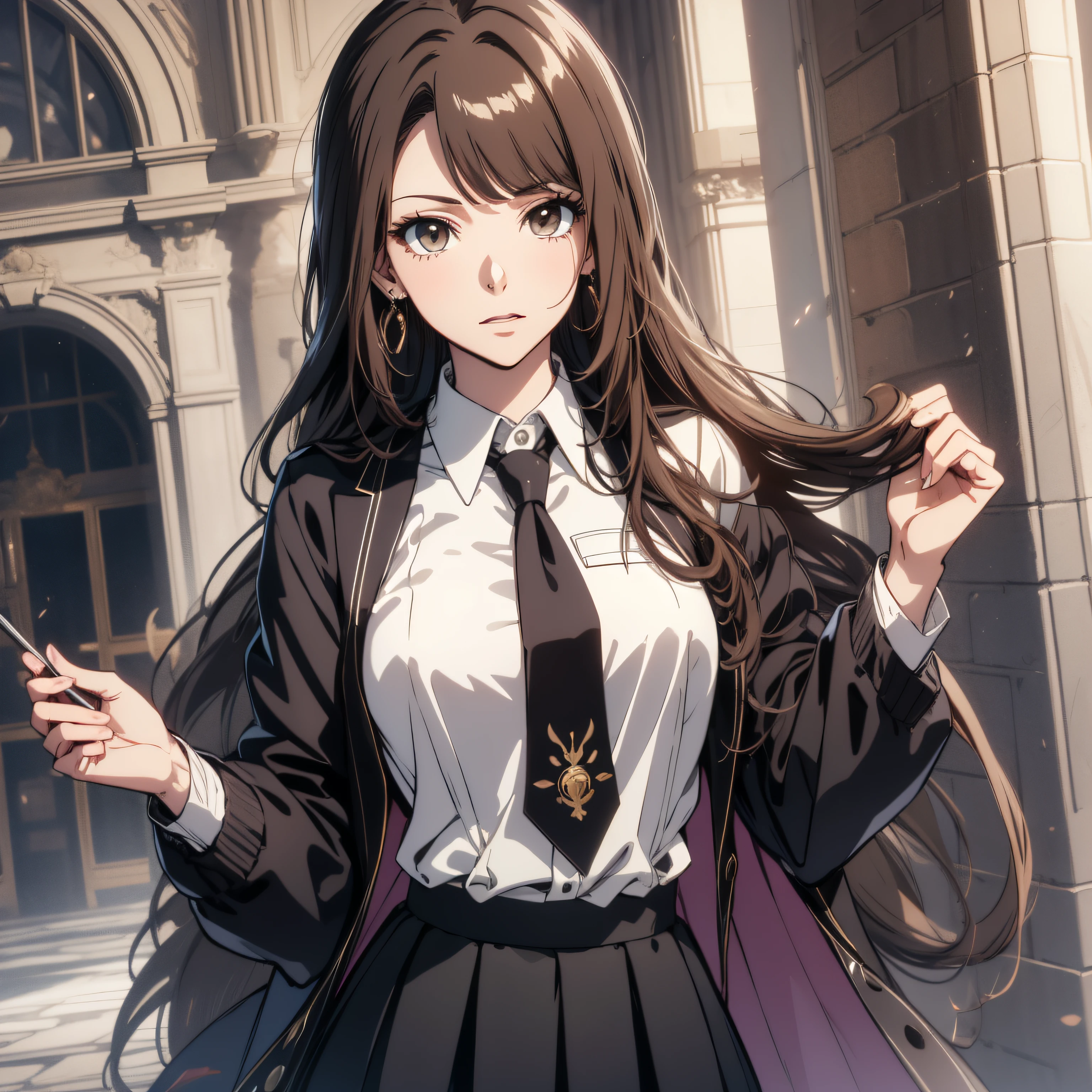 (best quality, masterpiece, ultra-detailed, extremely detailed, highres), (1girl, single, solo), 20 years old Anime girl, brown hair, long raven hair, slightly wavy hair, parted bangs, Magus, brown eyes, diamond earrings, long black coat, necktie, white shirt, black skirt, aristocrat, noble attire, beautiful, ethereal, elegant, prestigious, classic, royal building, magic school