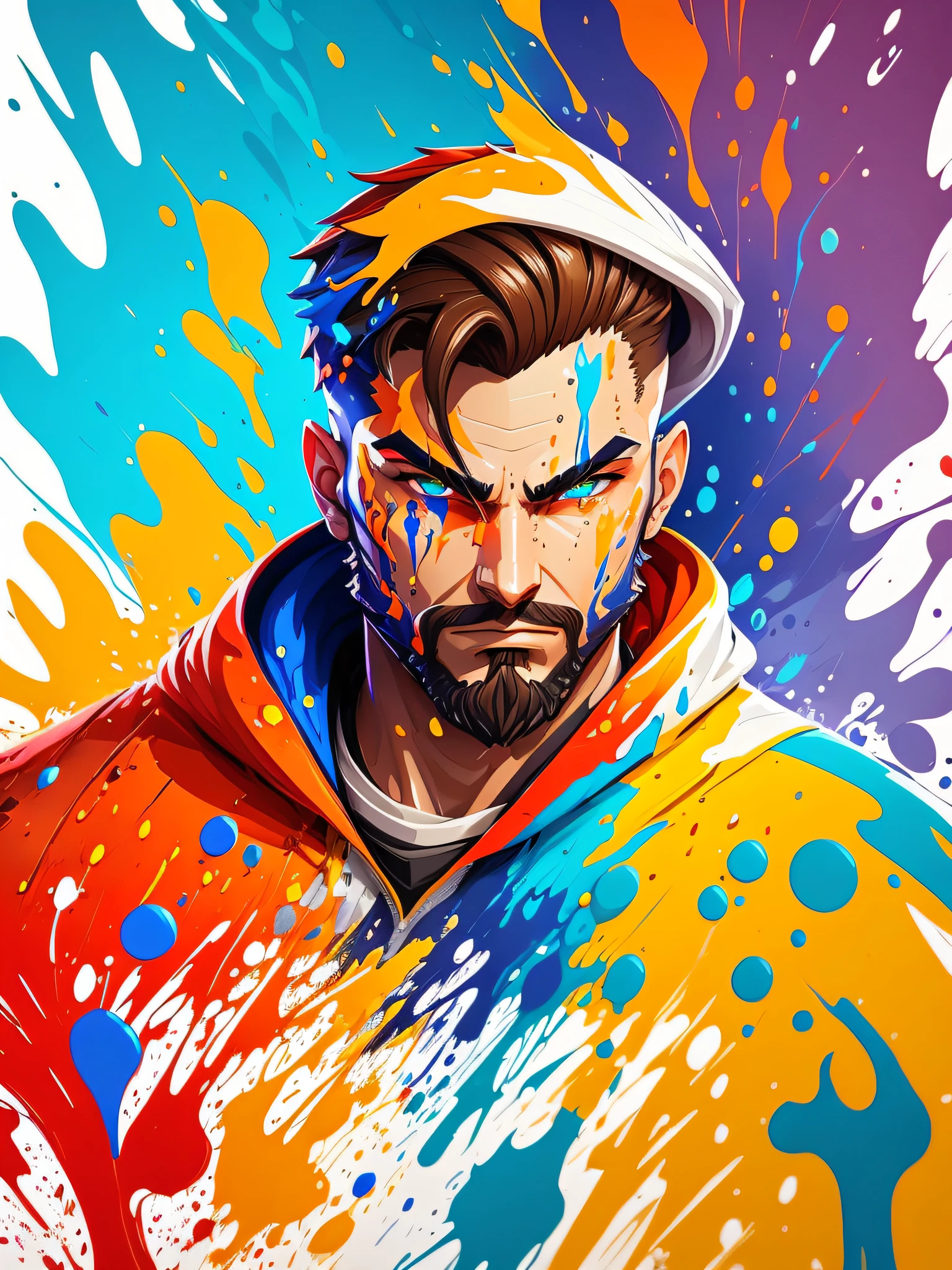 Splash Art, Fortnite-Stil, Portraitplakat, (weißer Hintergrund)), Spritzer-Stil mit bunter Farbe, Kontur,hyperdetailliert aufwendig detailliert, unwirkliche Engine,Fantastisch, komplizierte Details, Begrüßungsbildschirm, Komplementärfarben, Fantasy-Konzeptkunst, 8K-Auflösung, deviantartmeisterwerk, Ölgemälde, Schwere Schläge, Farbe tropft,Spritzkunst