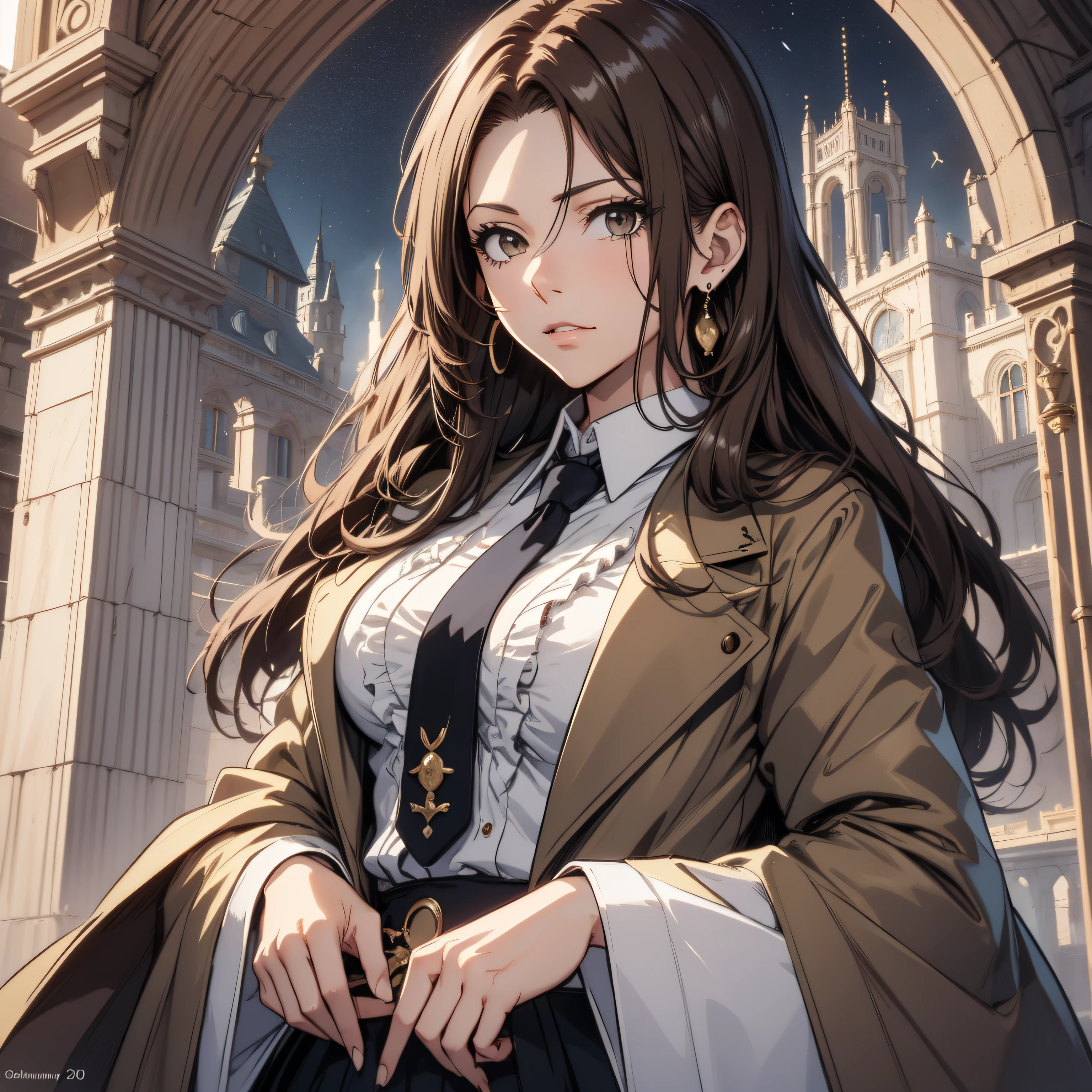 (best quality, masterpiece, ultra-detailed, extremely detailed, highres), (1girl, single, solo), 20 years old Anime girl, brown hair, long raven hair, slightly wavy hair, parted bangs, Magus, brown eyes, diamond earrings, long black coat, necktie, white shirt, black skirt, aristocrat, noble attire, beautiful, ethereal, elegant, prestigious, classic, royal building, magic school