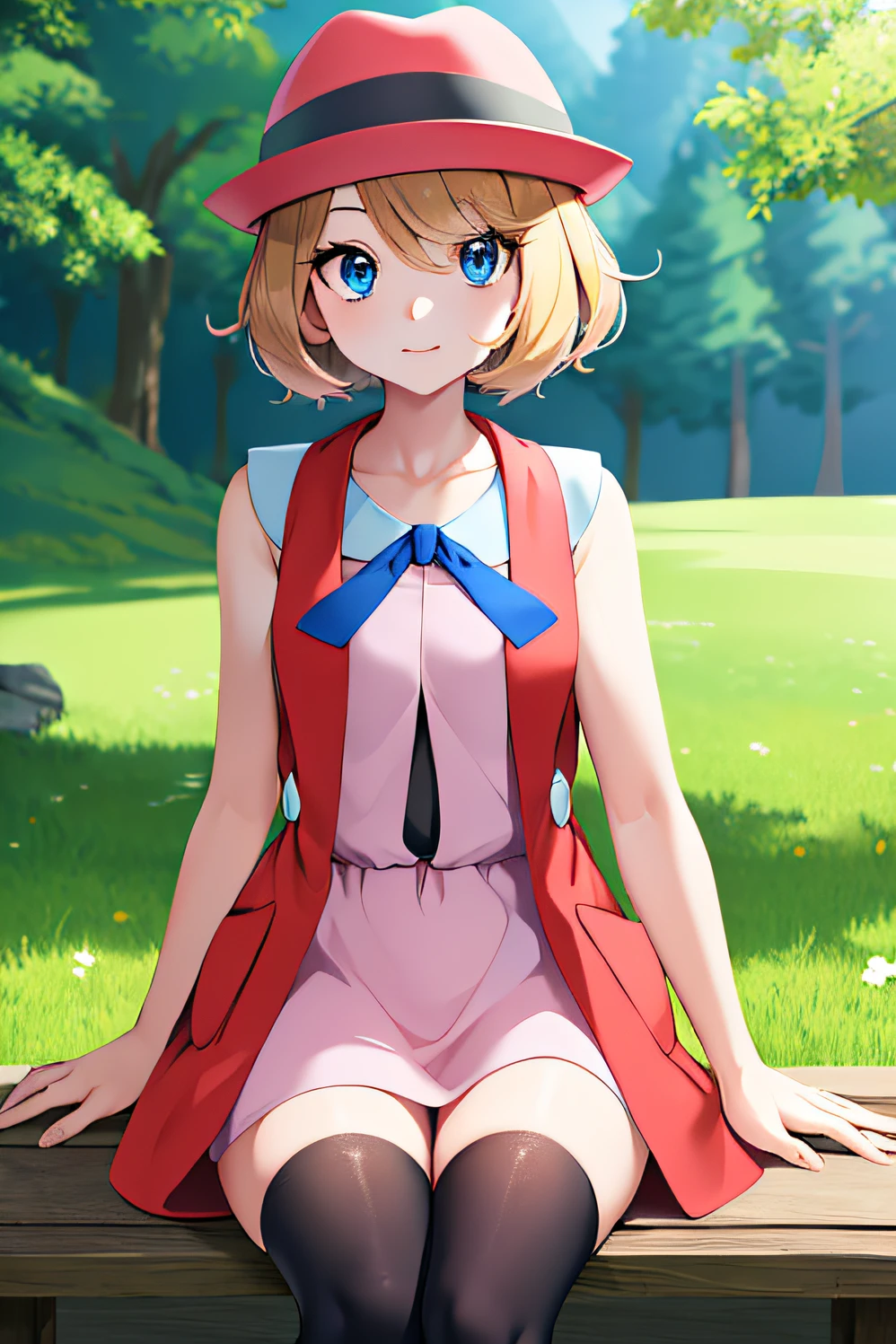 masterpiece, best quality, highres, serena \(pokemon\), short hair, blue eyes, 1girl, solo, blue ribbon, eyelashes, black thighhighs, neck ribbon, sleeveless, bangs, collarbone, bare arms, pink dress, red coat, pink headwear, outdoors, sitting, peace_sign,