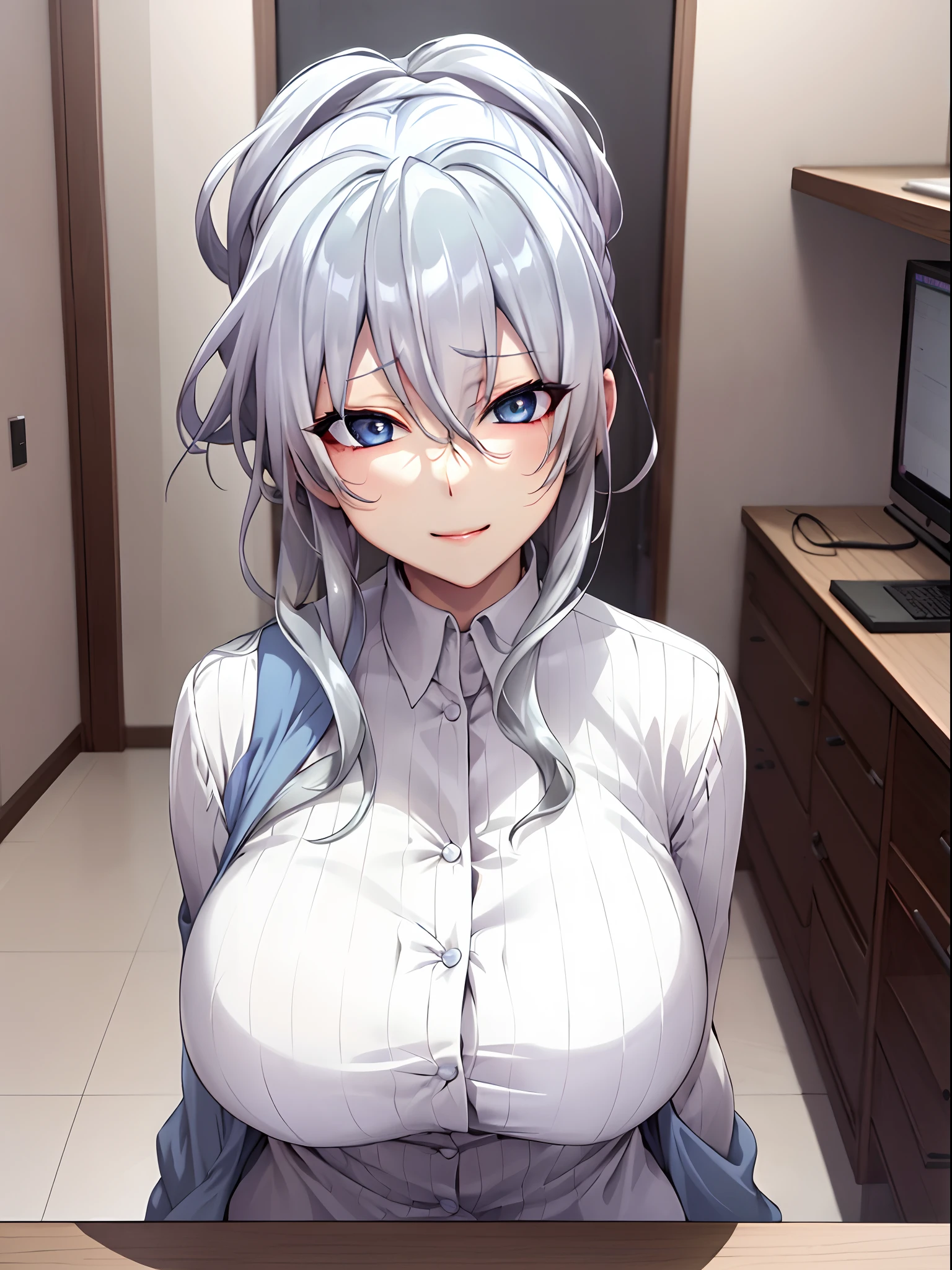 Best quality, 8k, in bed, silver hair,  long shirt and no bra, cute girl, cute expressive face, still from anime, big breast, lustful face