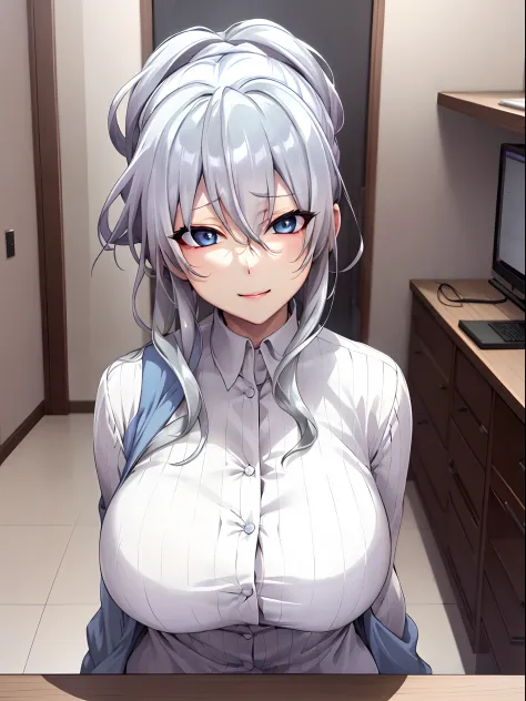 Best quality, 8k, in bed, silver hair,  long shirt and no bra, cute girl, cute expressive face, still from anime, big breast, lu...