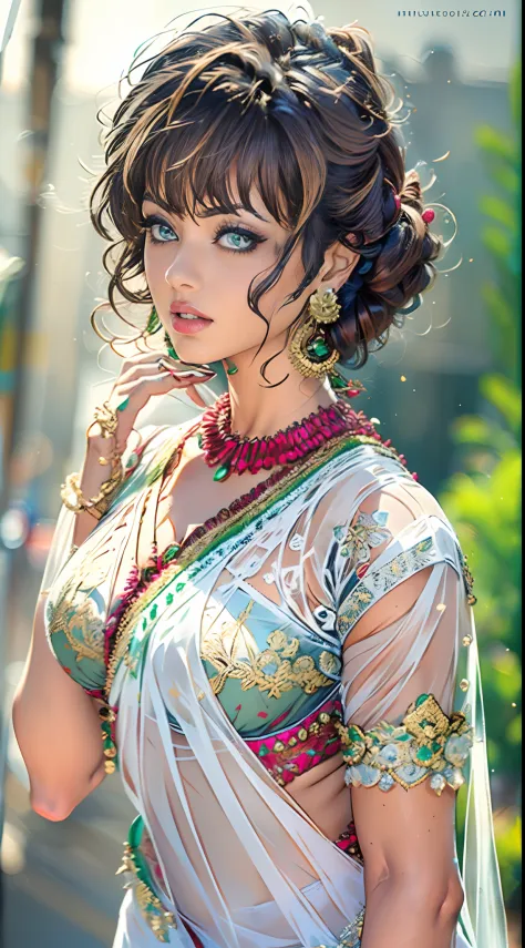 (Masterpiece, best quality, 8k, anime style), (One women wearing white blouse and saree:1.6),Desi, (translucent clothes), see th...