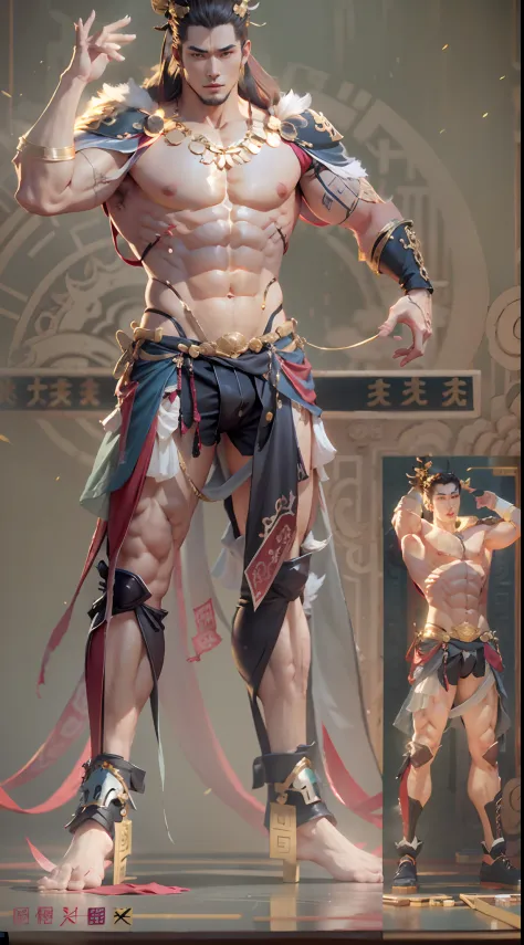 Model design，Character design，3D naked man，GK, The whole body of the character，base，Wu Shixun，Raised sexy，（A combination of human and animal specialization），Handsome，musculous