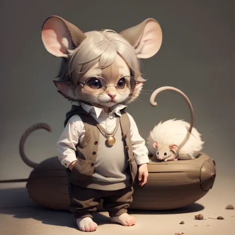 Animal: Child mouse. Body size: head and body are the same height.
Color: Soft gray or light brown with a white belly.
Characteristics: Large ears and a long, thin tail. Eyes: Dark and shiny.
Clothing: A cute scholarly image, perhaps with glasses and a sma...