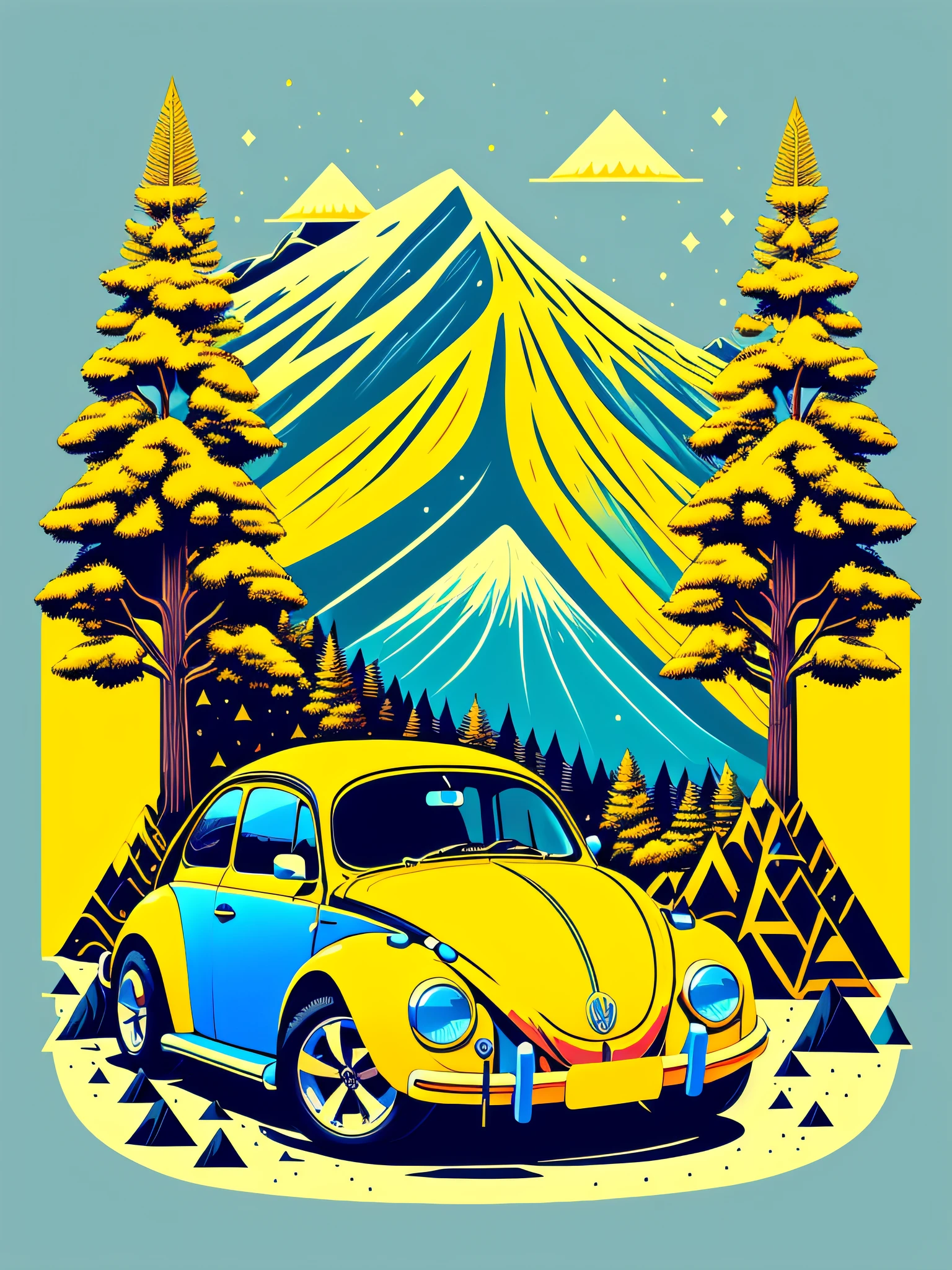 Arte de camiseta vetorial pronta para impressão, ilustração colorida de grafite de um Volkswagen Beetle amarelo, montanhas vulcânicas, árvores altas, inverno do norte, céu azul