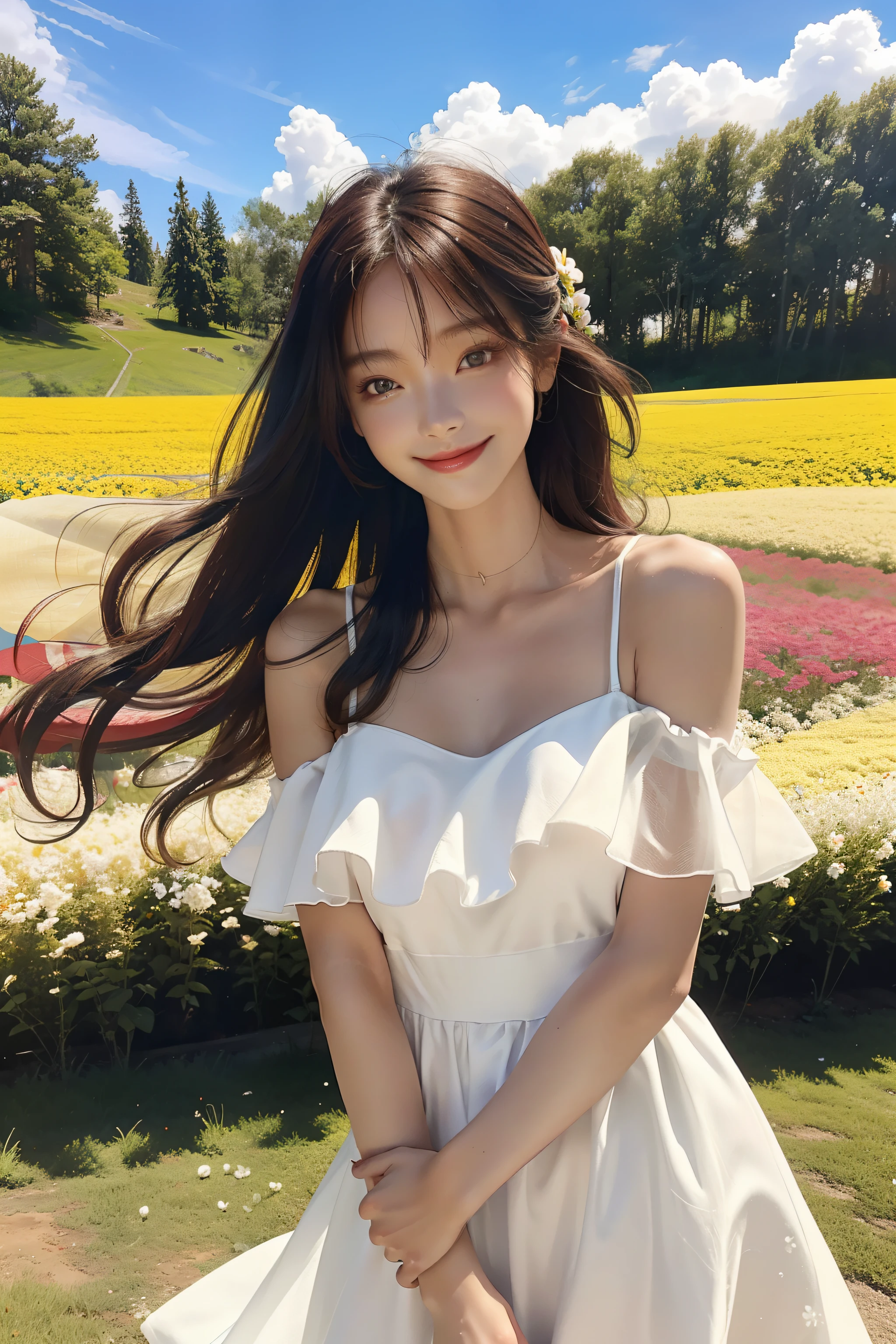 "Best picture quality, tmasterpiece, Ultra-high resolution, Realistic feeling, RAW photogr, Girl in a flower field, white dresses, Shoulder dew, The skin glows, Smile positively, 19-year-old female model, Long hair micro-curls, White Skin Skin"