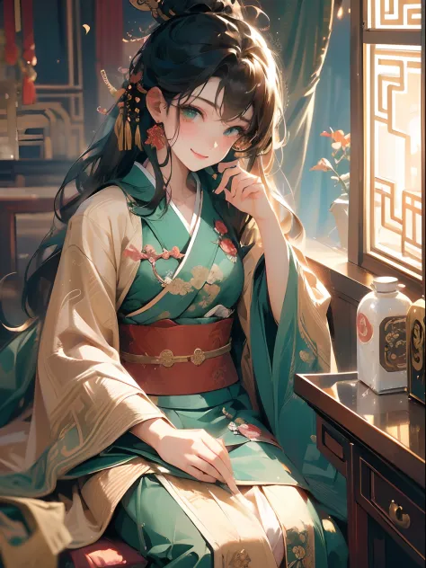 Top image quality, 1080p, high resolution, exquisite CG, loli girl, costume hairstyle, air bangs, smile, bright and beautiful eyes, long eyelashes, perfectly symmetrical face, radiant skin, long sleeve hanfu, (dark green embroidered hanfu), (delicate lingl...