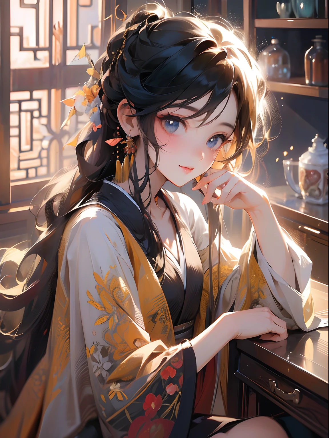 Qualidade de imagem superior，1080p，Uma alta resolução，linda cg， garota，Penteado de fantasia，Franjas de ar，sorria，olhos brilhantes e lindos，cílios longos，rosto simétrico perfeito，pele brilhante，Hanfu de manga comprida，（Gola delicada），Quarto de estilo chinês，Móveis clássicos，Janelas de treliça，cortina，vento antigo