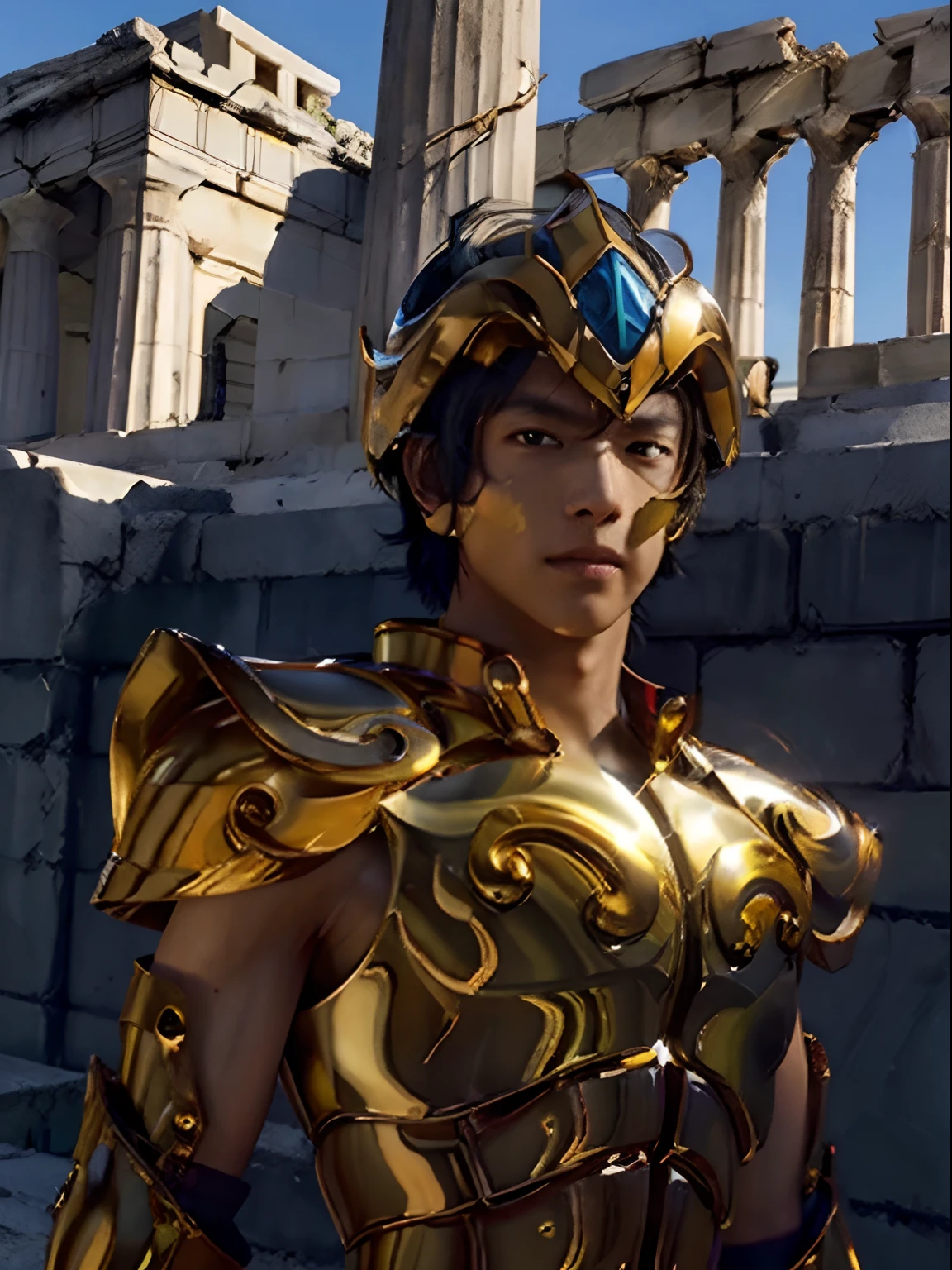 masutepiece, Best Quality, High resolution, Realistic skin texture, armor, (Photorealistic: 1.4), High resolution, Raw photo, 1 boy, Shiny skin, (Skin Detail: 1.2), Realistic skin texture, better lighting, cheerfulness, Dramatic Lighting, Attack Pose, (greek temple background: 1.2), (nigh sky: 1.1), cosmos, Milky way,, (helmets: 1.2), Tanned skin,  (Golden breastplate: 1.4), (helmets), fire, Serious face, golden armour