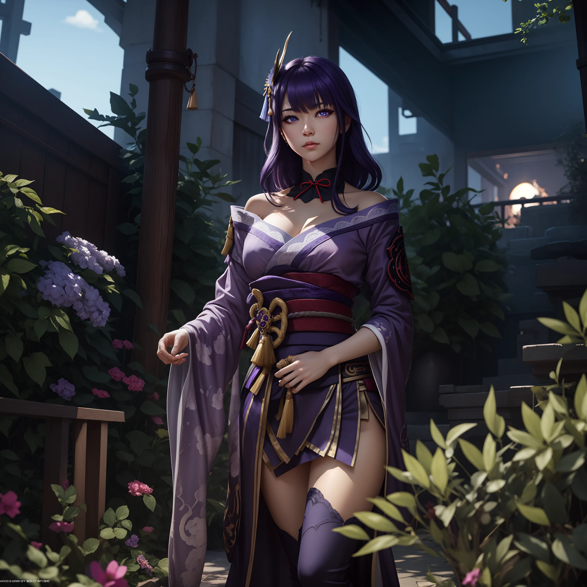 Ultra realistic,8k,dark purple hair,purple eyes,double eyelids,breast,cute woman,detail hair,detail eyes,nice body cutting,raiden shogun face genshin impact,cute