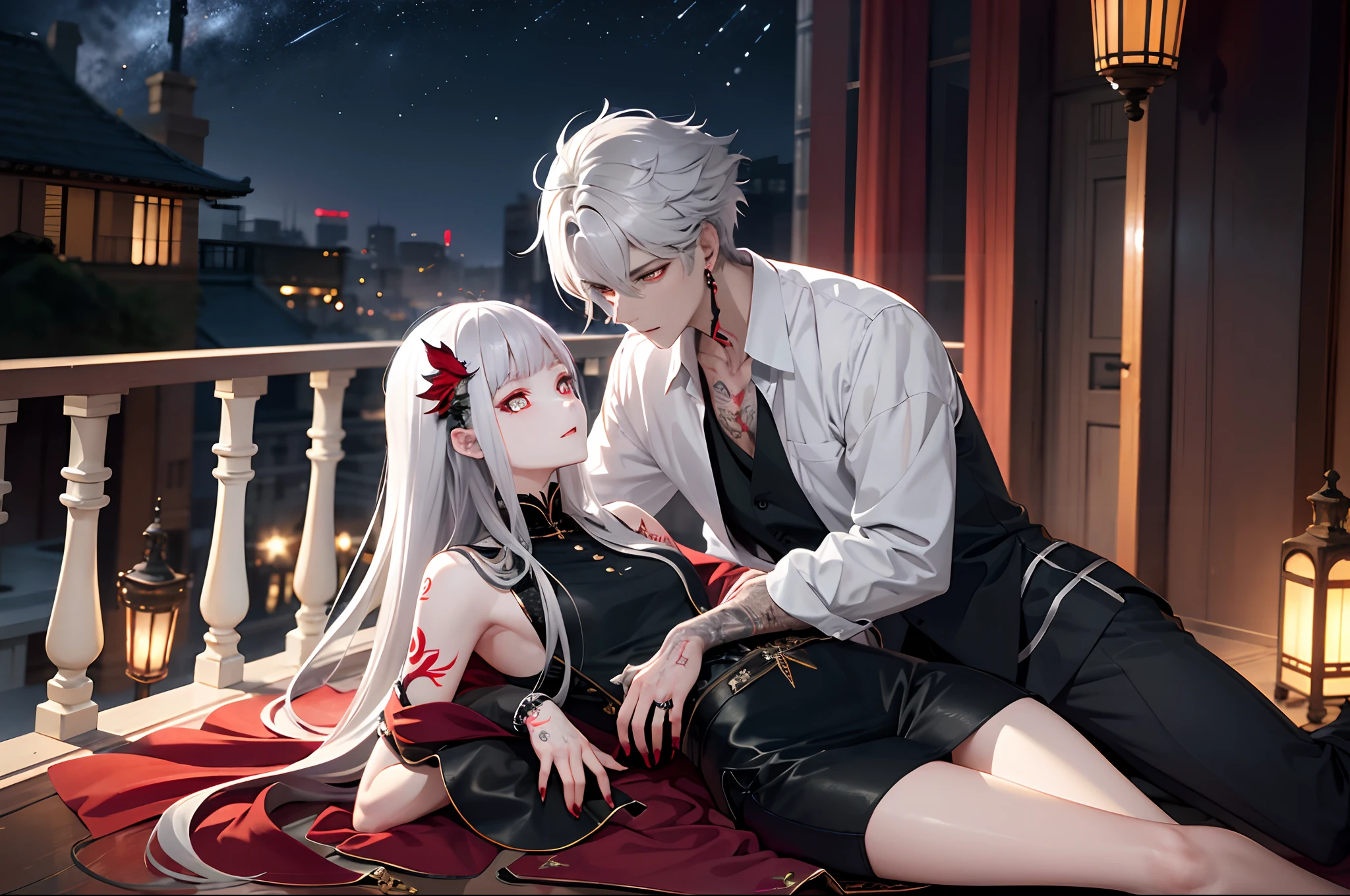 （tmasterpiece、best qualtiy、A high resolution），male people，Lying on the balcony railing，Fantasyart，photographrealistic，动态照明，looking at the stars，poster for，Volumetriclighting，Very detailed faces，in the darkness nigth，deep shading，low tune，red pupils，Inner loneliness，,Medium gray hair，white  shirt，Black casual suit，Red tattoo on the arm，Red tattoo on the neck，largeeyes，Red nails，Clear lashes