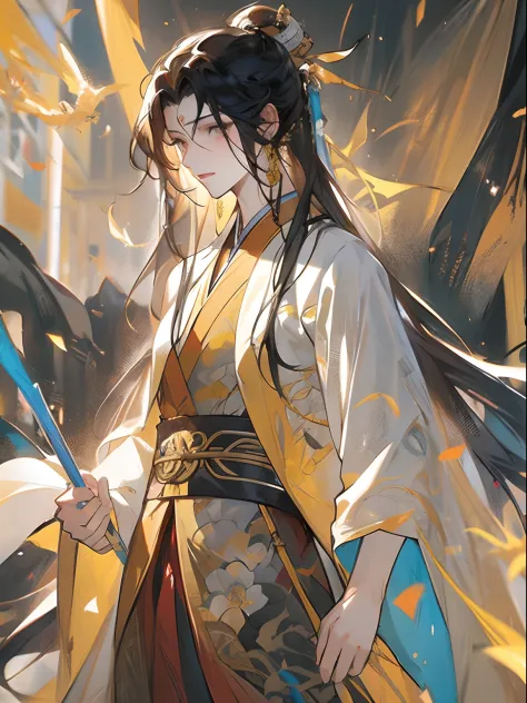 of a guy，Tall figure，Long-sleeved hanfu，（Yellow Hanfu），Ancient wind