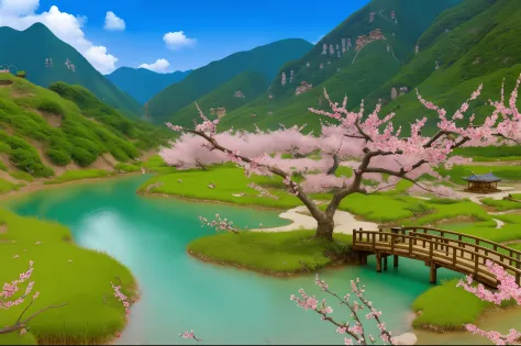 (A masterpiece in 4K quality)、villages、Peach blossoms all over the mountains、wood bridges、A small river、thatched hut、Wide field of view