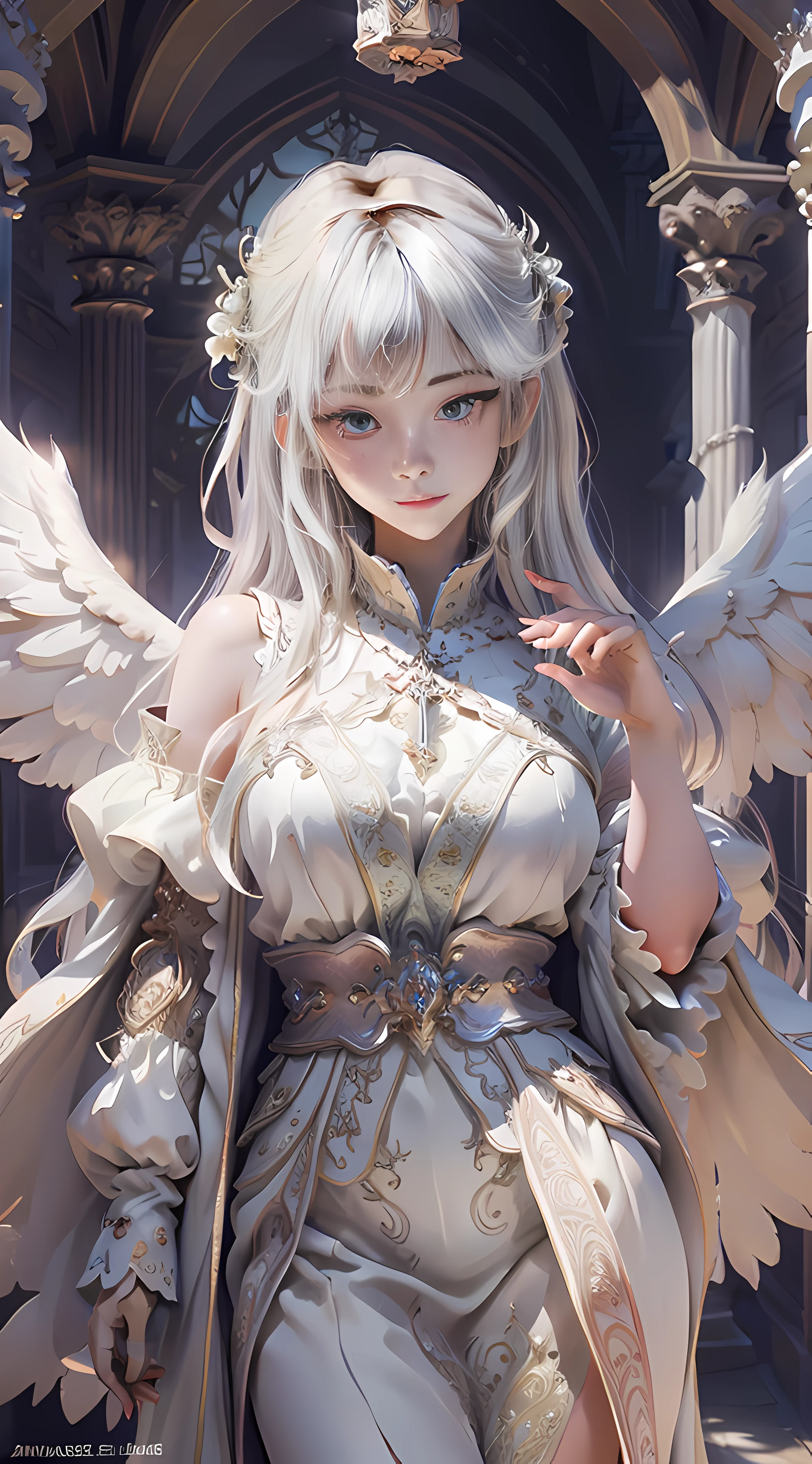 (Masterpiece, Best quality, Detailed background, Intricate details), Floating castle, 1girll, angel, a glowing halo, Glowing wings, long white robe,