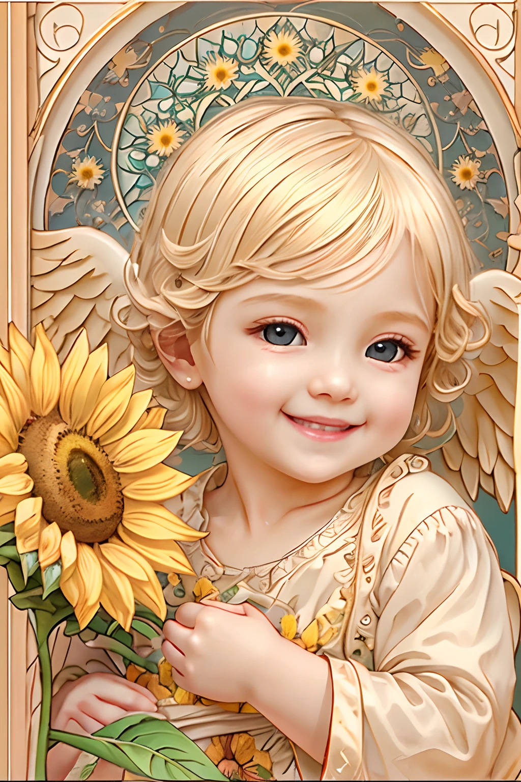 Bénédictions des anges､fond clair、marque de coeur、tendresse､Un sourire、doux､Bébé ange､Art Nouveau､Sourire de tournesol