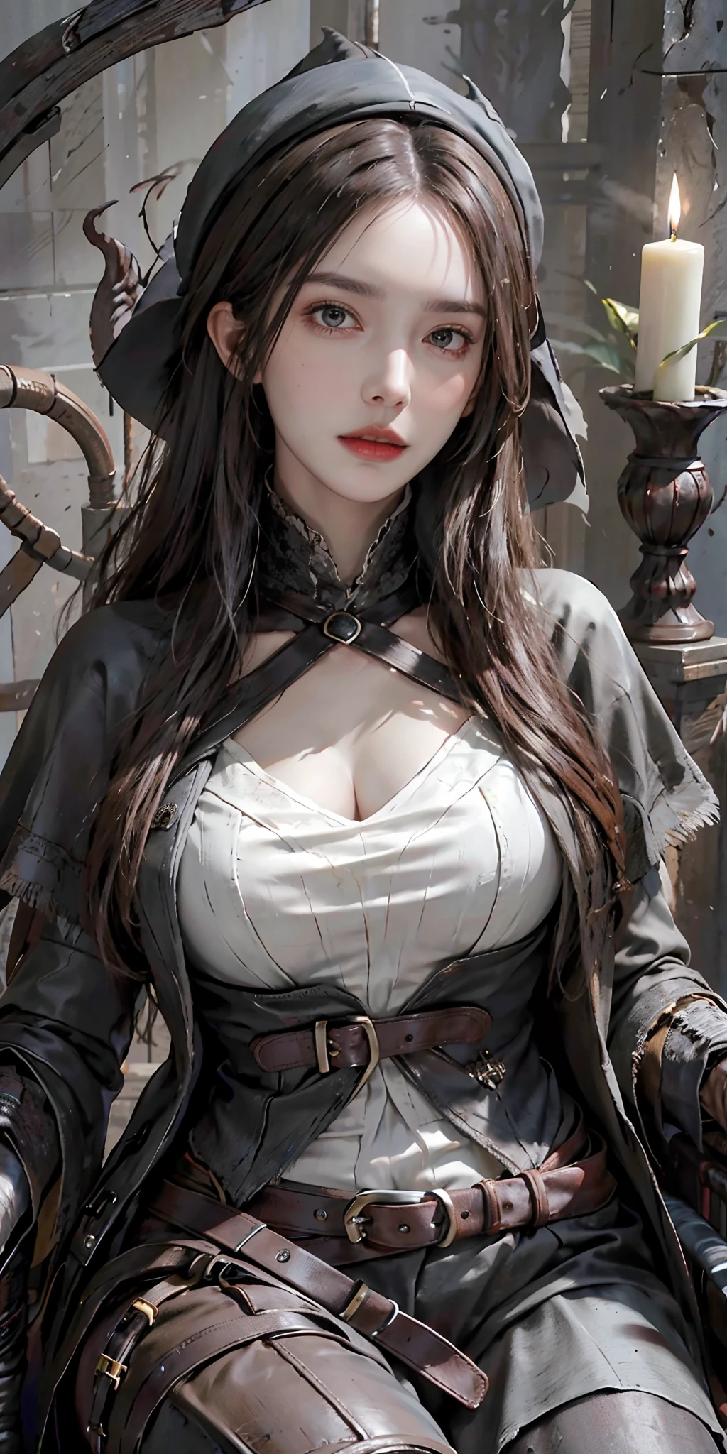 photorealistic, high resolution, soft light,1women, solo, hips up, look at viewer, (detailed face), white hair, edgBB, torn clothes, coat, vambraces, black capelet, capelet, hunter (bloodborne), black gloves, arms at sides, tricorn hat, belt, woman wearing edgBB_outfit, bloody neckcloth, dark, candles, sitting on throne, jewelry