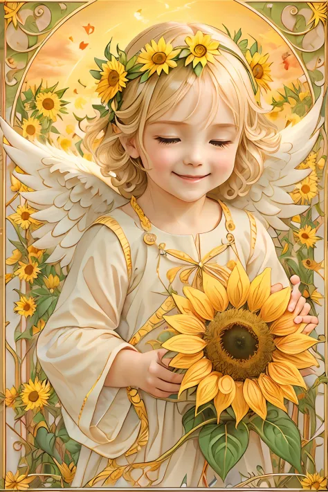 blessings of angels､bright background、heart mark、tenderness､a smile、gentle､baby angel､jugendstil､sunflower smile