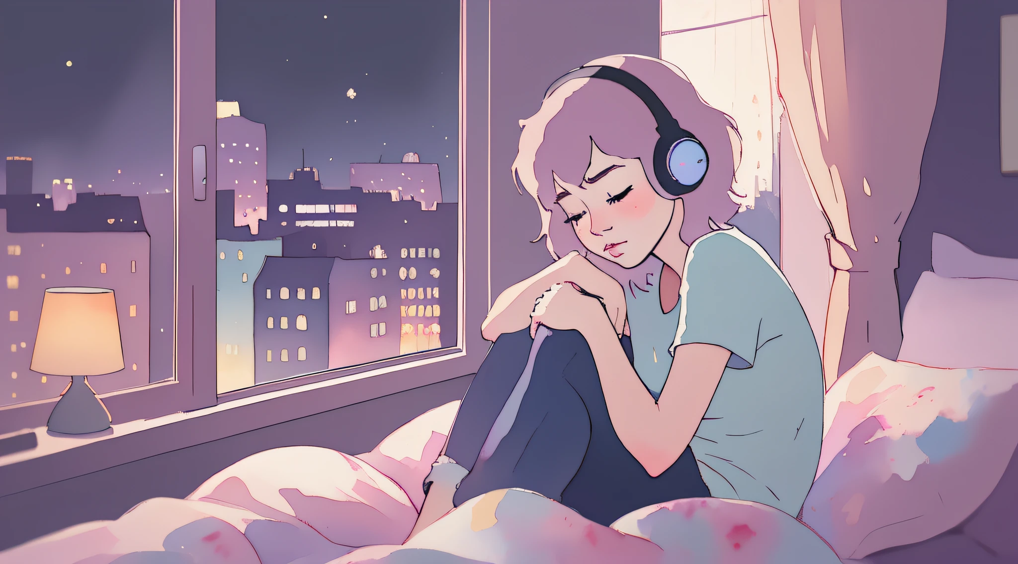 Portrait 512 LoFi Images, Girl in headphones sitting on bed, Put your hands around your knees, Eyes closed, feeling the music, Apartment window with city skyline at night, Pastel colors, watercolor paiting