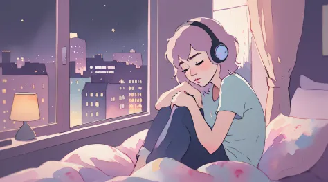 portrait 512 lofi images, girl in headphones sitting on bed, put your hands around your knees, eyes closed, feeling the music, a...