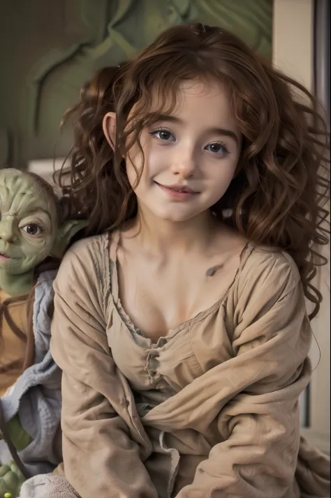 a beautiful human girl with curly brown hair holding a baby Yoda in her lap, Grogo, yoda guerra nas estrelas, art-station, cgi_animation, curly_hair, cute_girl, baby_yoda, Pubic hair, round breasts