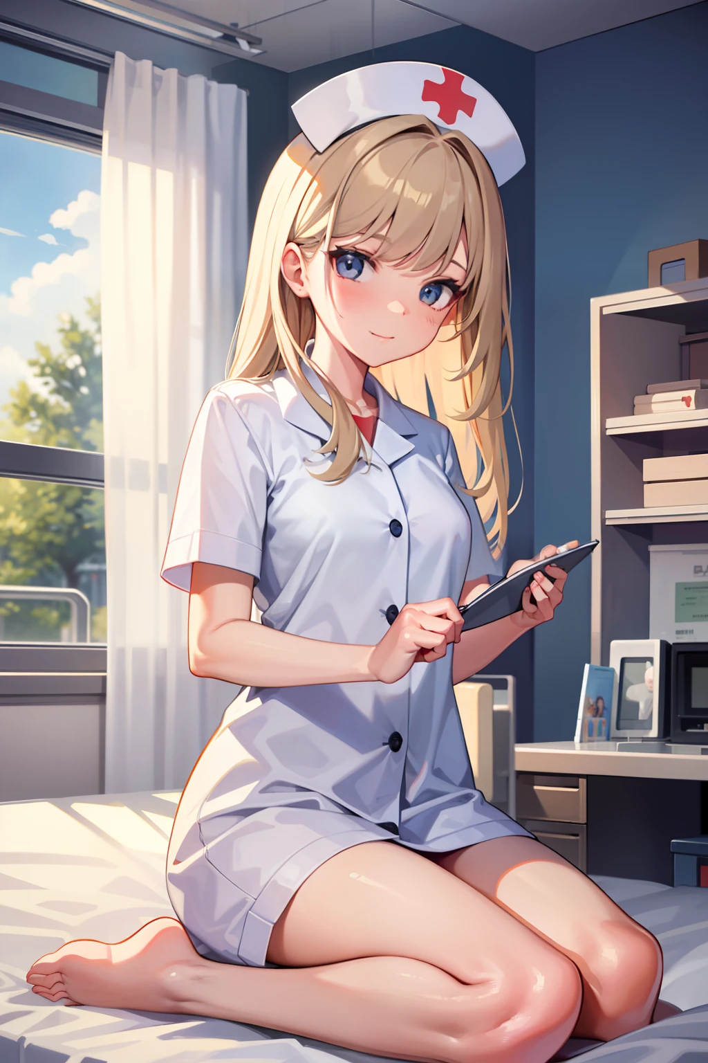 infirmary, curtains, 1girl, nurse, white dress,, masterpiece, best quality, highly detailed