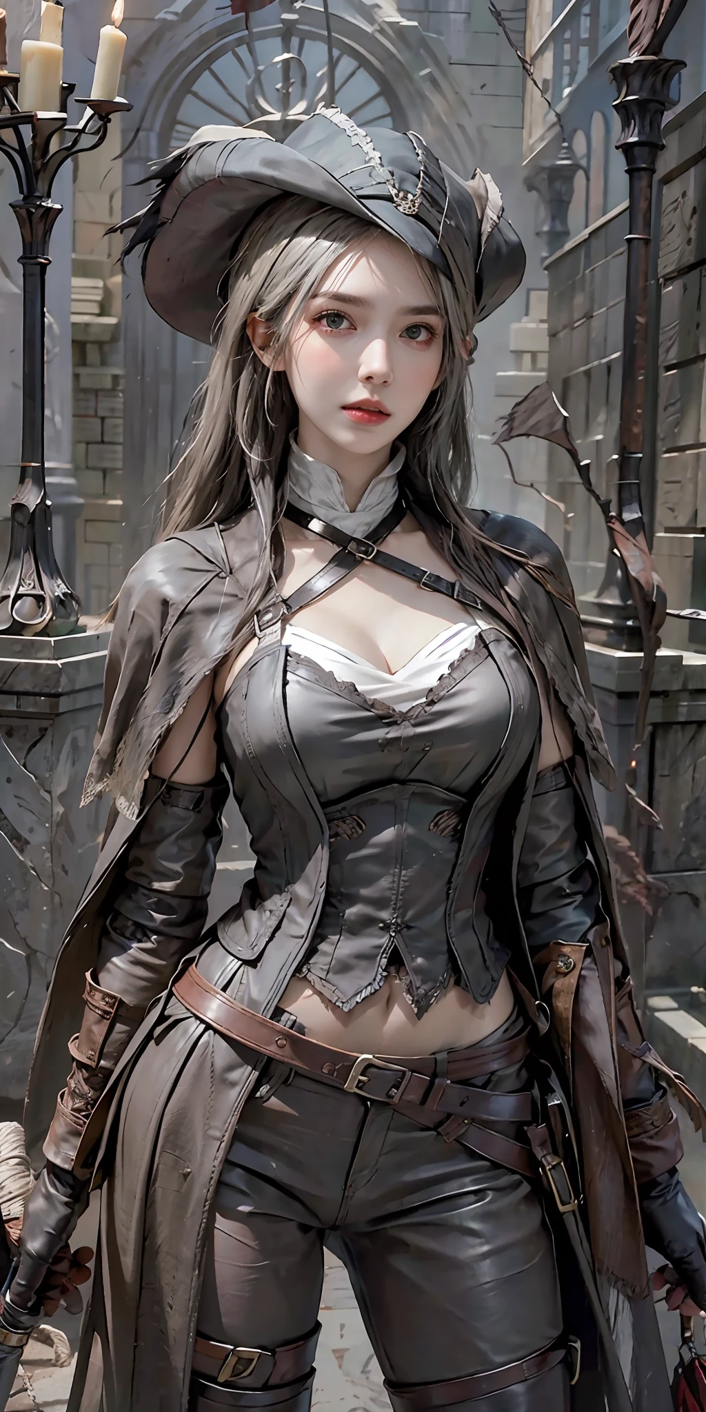 photorealistic, high resolution, soft light,1women, solo, hips up, (detailed face), white hair, edgBB, torn clothes, coat, vambraces, black capelet, capelet, hunter (bloodborne), black gloves, arms at sides, tricorn hat pointed at the front, belt, woman wearing edgBB_outfit, bloody neckcloth, dark, candles, jewelry