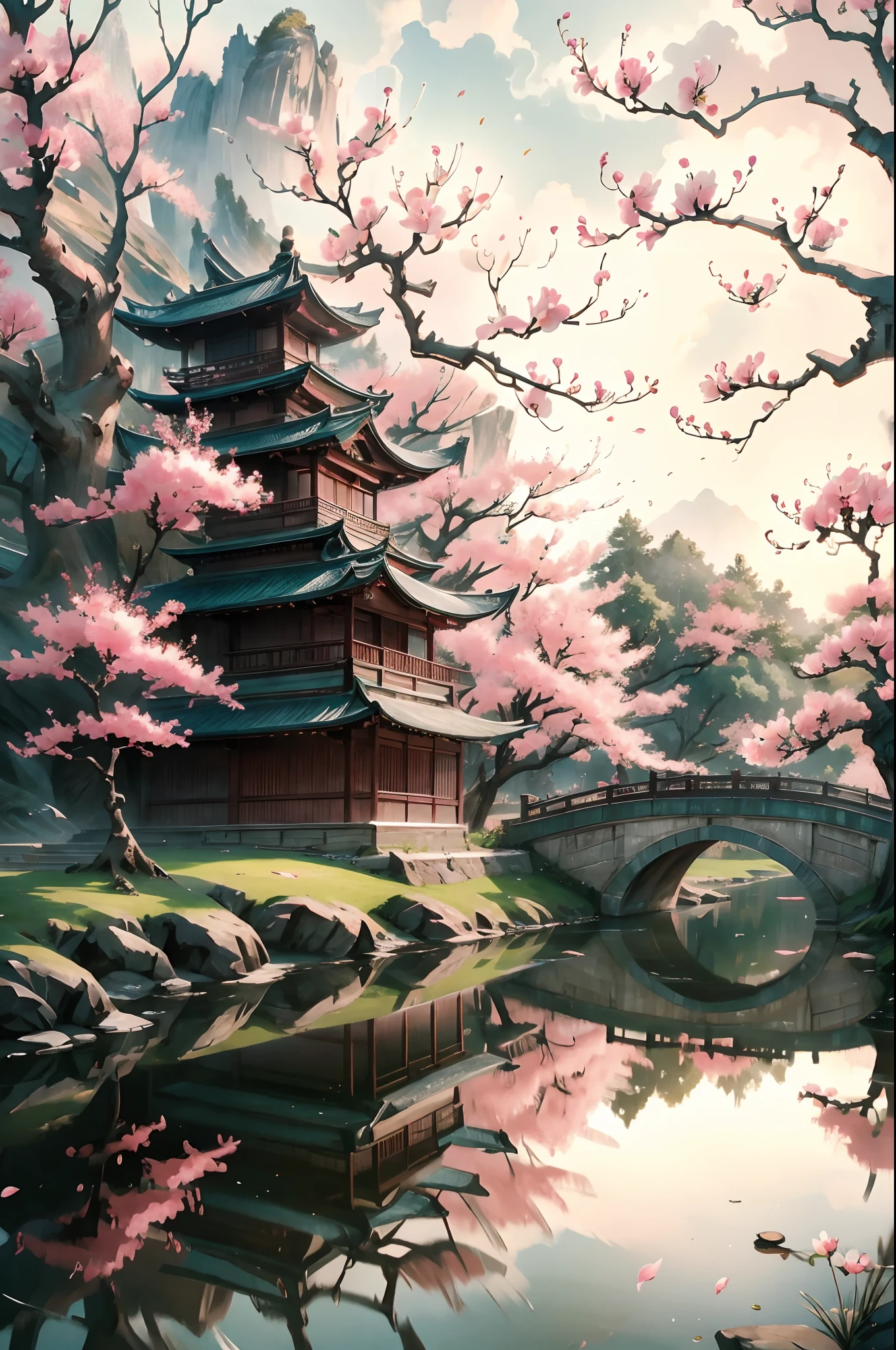 Cinematic lighting，Peach blossom tree, wood bridges,tree house,lawns
，aquarelle，Ancient Chinese style，Arched bridge，beautiful anime scenes，Loves，Reflection on the surface of the water，magpie，In pink，delicated，HighestQuali，（tmasterpiece：1,2），best qualtiy，tmasterpiece，Original，extremelydetailedwallpaper，Perfect lighting，（extremaly detailed cg:1.2）