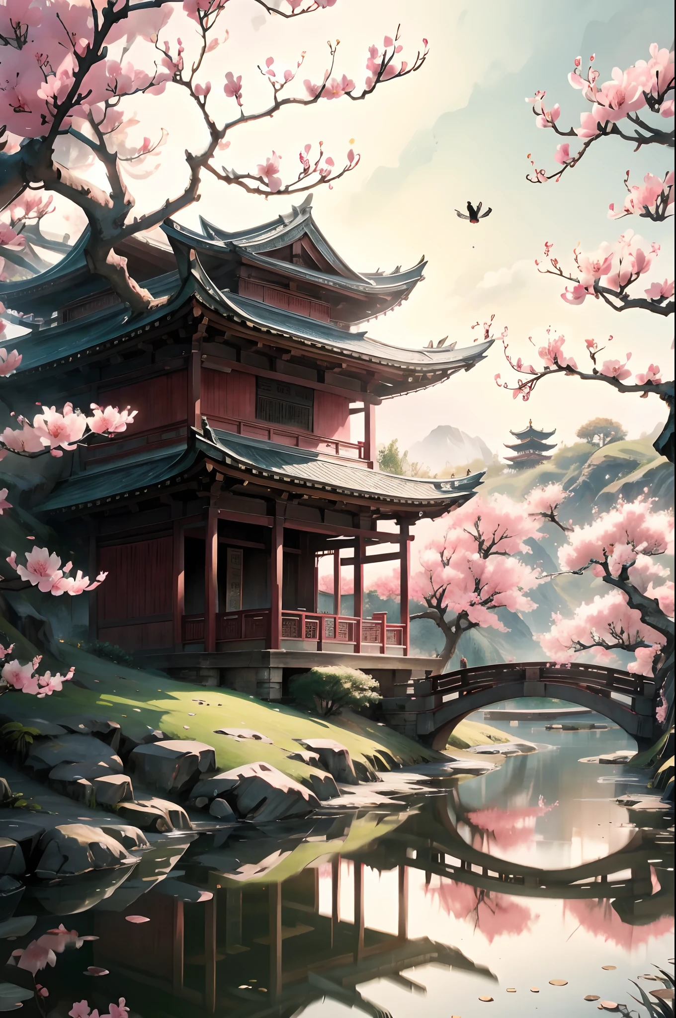 Cinematic lighting，Peach blossom tree, wood bridges,tree house,lawns
，aquarelle，Ancient Chinese style，Arched bridge，beautiful anime scenes，Loves，Reflection on the surface of the water，magpie，In pink，delicated，HighestQuali，（tmasterpiece：1,2），best qualtiy，tmasterpiece，Original，extremelydetailedwallpaper，Perfect lighting，（extremaly detailed cg:1.2）