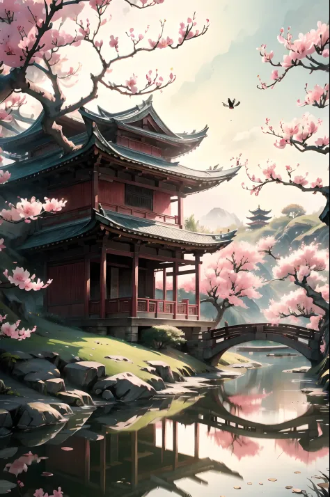 Cinematic lighting，Peach blossom tree, wood bridges,tree house,lawns
，aquarelle，Ancient Chinese style，Arched bridge，beautiful an...