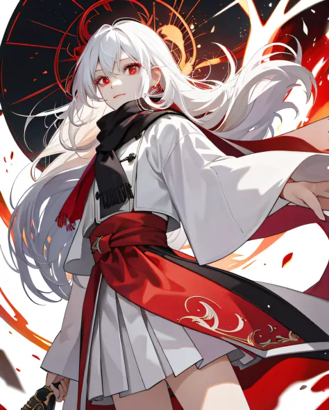 （High- sharpness，ultra - detailed）， tmasterpiece， best qualtiy， 独奏， A girl with long white hair， Red and white skirt， Handsome， Fine Eye， Fine Eye， finely eyes， Bright red eyes， 详细的脸， Black scarf， bared  chest，from below， looking down below，  swirles， spar...