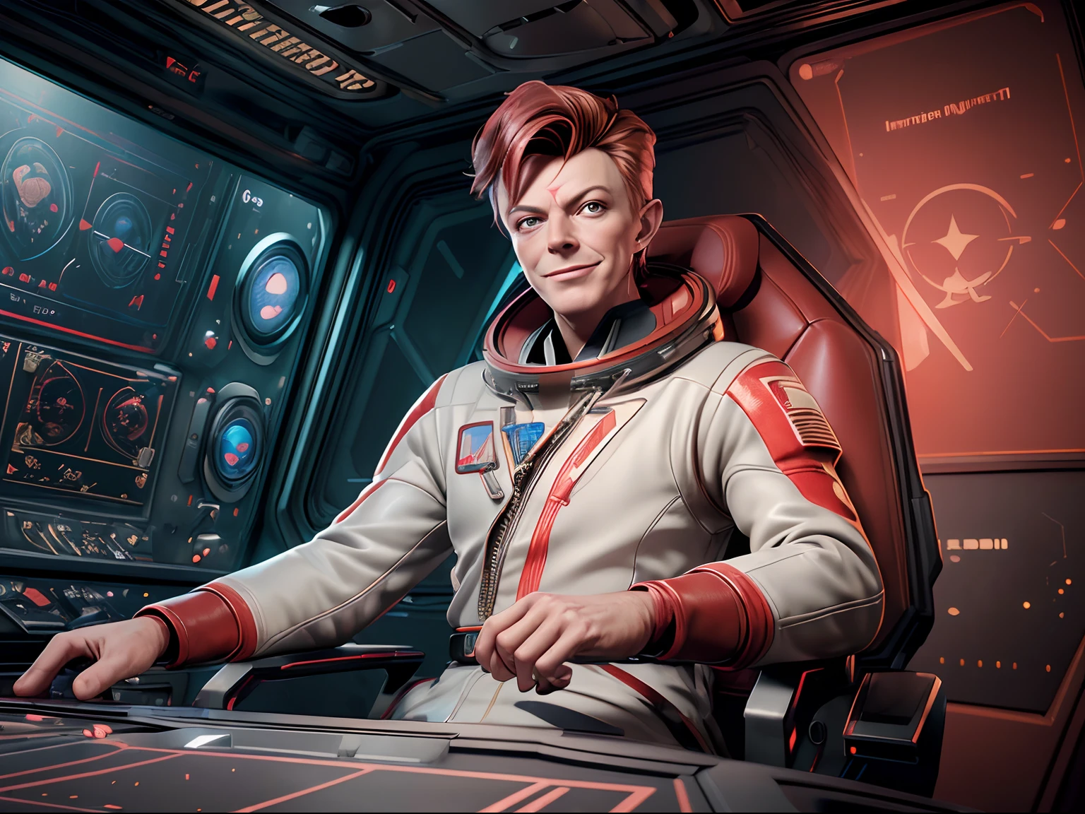 (Meisterwerk, beste Qualität, Illustration, Unwirkliche Engine 5, offizielle Kunst:1.3), Farbschema in sattem Rot, ein Bild von (David Bowie) als lächelnder Major Tom, ein technokratischer, Allesfresser, irisierend, astronaut commander, (Sitzen im Kontrollraum einer Sternenbasis:1.2),Detailliertes Gesicht, wahnsinnig komplizierte Details, absurdesten, 8k