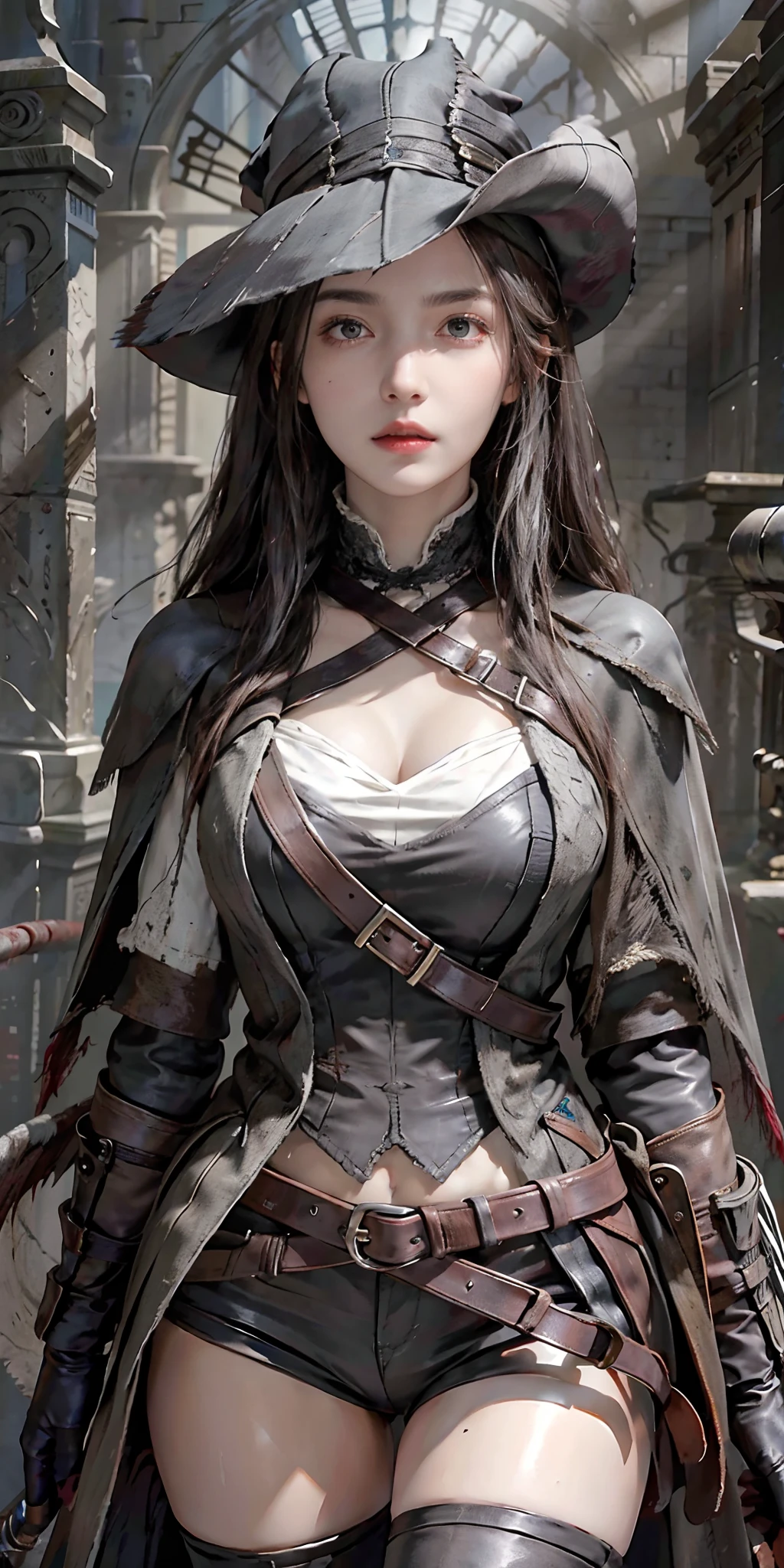 photorealistic, high resolution, soft light,1women, solo, hips up, (detailed face), white hair, edgBB, torn clothes, coat, vambraces, black capelet, capelet, hunter (bloodborne), black gloves, arms at sides, tricorn hat pointed at the front, belt, woman wearing edgBB_outfit, bloody neckcloth, dark, candles, jewelry