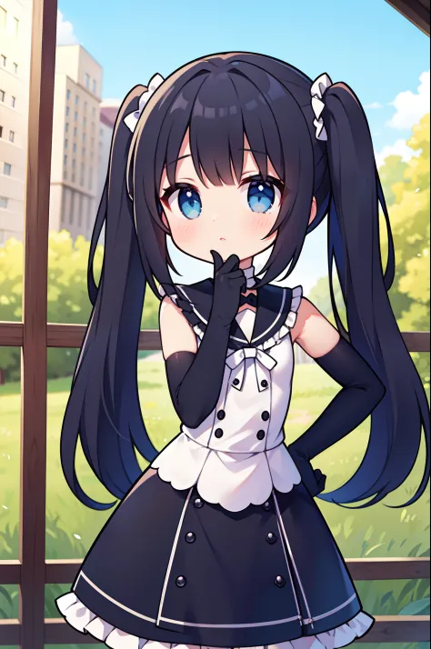 masterpiece, best quality, long hair, twintails, black hair, blue eyes, frilled dress, elbow gloves, outdoors, hand on hip,