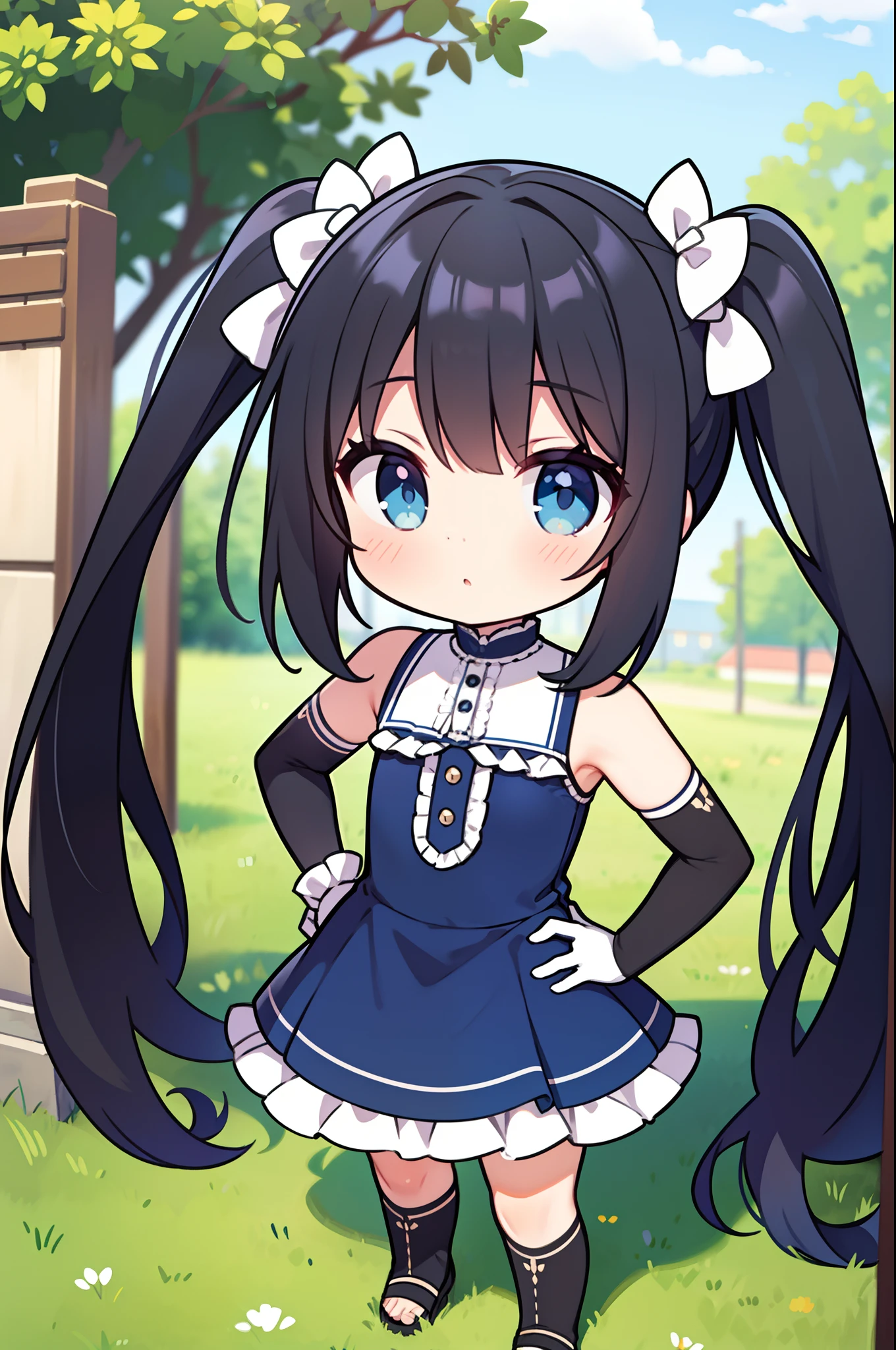 masterpiece, best quality, long hair, twintails, black hair, blue eyes, frilled dress, elbow gloves, outdoors, hand on hip,