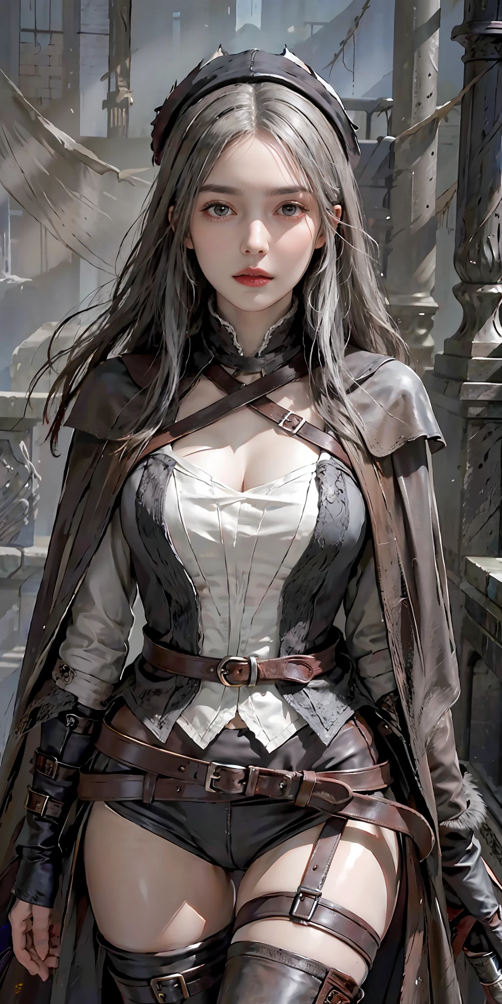 photorealistic, high resolution, soft light,1women, solo, hips up, (detailed face), silver hair, edgBB, torn clothes, coat, vambraces, black capelet, capelet, hunter (bloodborne), black gloves, arms at sides, tricorn hat pointed at the front, belt, woman wearing edgBB_outfit, bloody neckcloth, dark, candles, jewelry