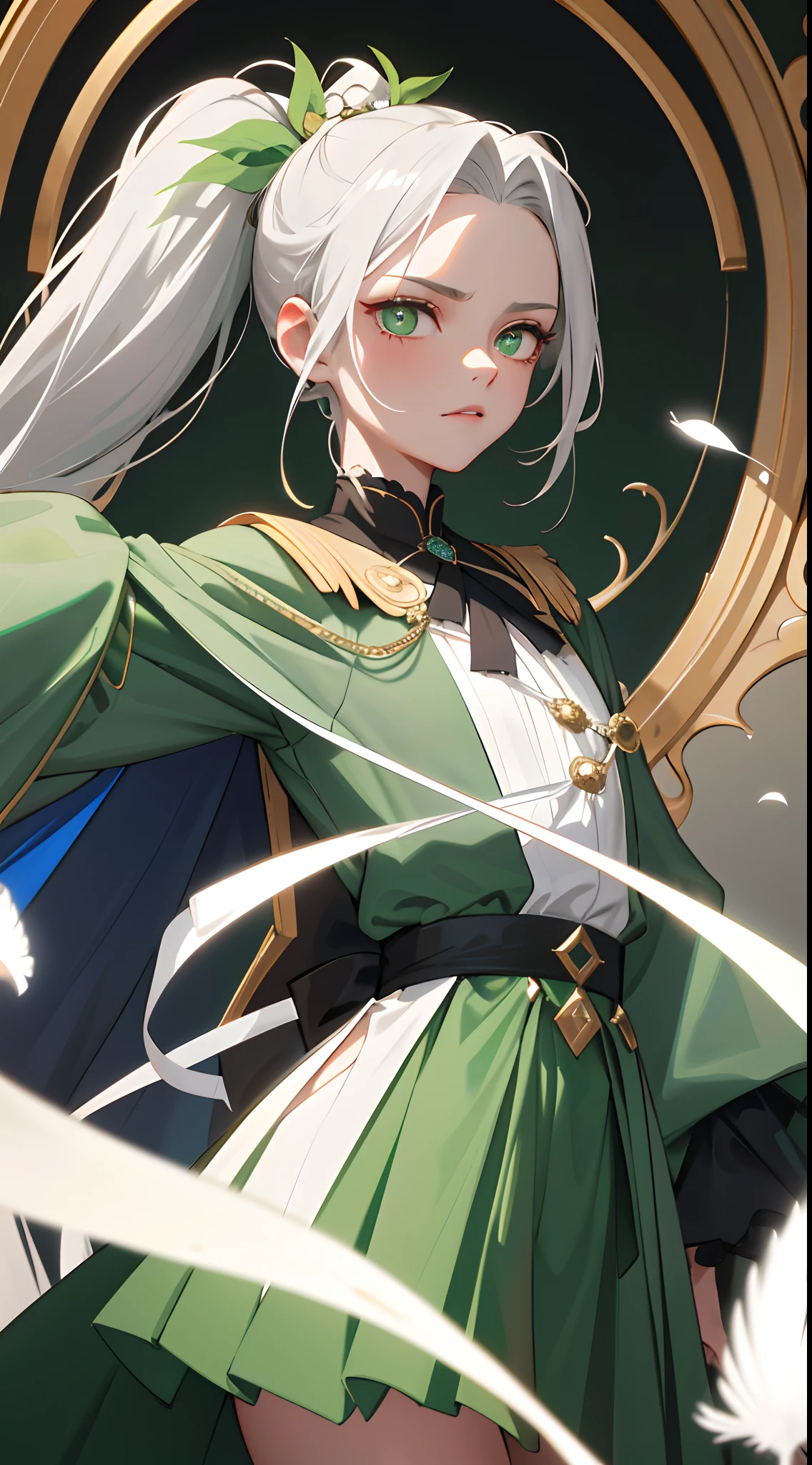 high high quality，tmasterpiece，Delicate facial features，Delicate hair，Delicate eyes，Kizi，Her long gray-white hair was tied into a side ponytail and pulled behind her head，The ends have a distinct green gradient。The iris of the crimson feathers is dark green，And her cruciform pupils are light green，There is a circle of dark green lines around it。He wears a green cape，and wearing a white bud dress，The skirt has gold lines on the surface，The inside is green，（Delicatemakeup）（Ray traching）（strong colors）（The proportions are correct），The proportions are correct，high qulity，Good atmosphere，delicated，cg render，detail render，（highest  quality）（Master masterpieces）（High degree of completion）（a sense of atmosphere）8k wallpaper，tmasterpiece，Best quality at best，ultra - detailed