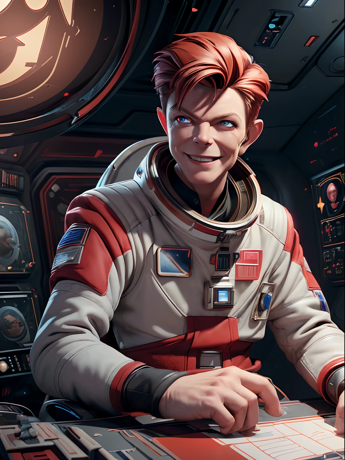 (obra maestra, mejor calidad, ilustración, Motor irreal 5, arte oficial:1.3), Esquema de color rojo intenso, una imagen de (David Bowie) como sonriente Mayor Tom, Un tecnocrático, omnívoro, iridescent, Comandante astronauta, (Sentado en una sala de control de Starbase:1.2),cara detallada, Detalles increíblemente intrincados, absurdos, 8K
