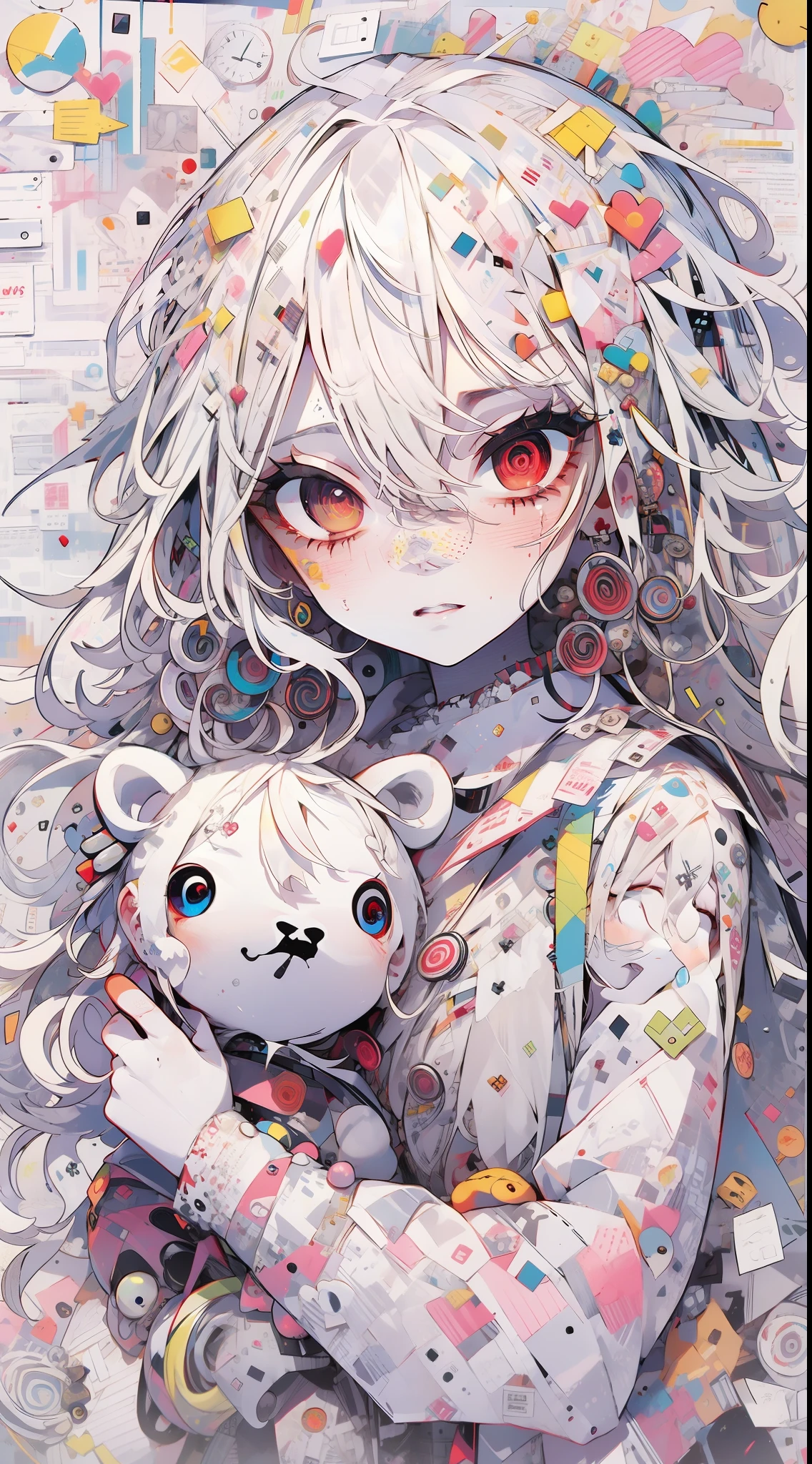 "A girl ghost with pale, paper-white skin, wild and disheveled bright white hair, and mesmerizing white eyes adorned with spirals, wearing tattered clothing and clutching onto an aged plush toy." hypnored