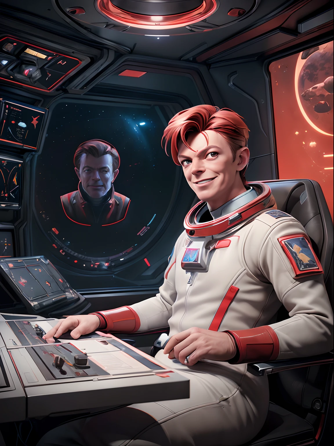 (Obra de arte, melhor qualidade, ilustração, Motor irreal 5, arte oficial:1.3), Esquema de cores vermelho rico, Uma imagem de (David Bowie) como o sorridente Major Tom, um tecnocrático, onívoro, iridescente, comandante astronauta, (sentado em uma sala de controle de base estelar:1.2),rosto detalhado, detalhes incrivelmente intrincados, absurdos, 8K