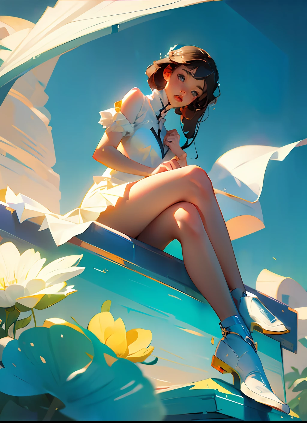 Anime girl sitting on a boat with flowers and paper flying around